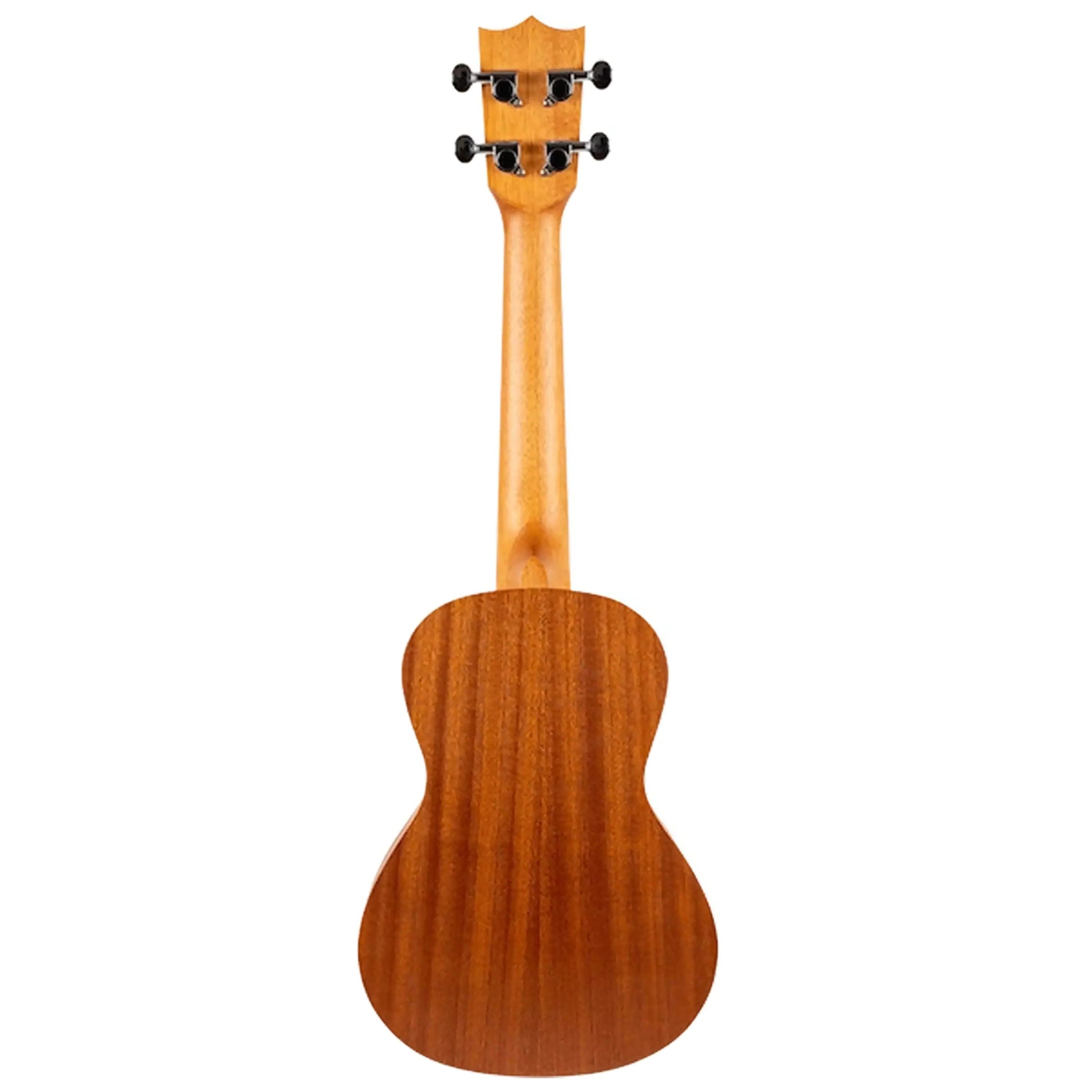 Back of a Flight AUC-33 Two Seasons Concert Ukulele with mahogany back and neck, and black tuning pegs.