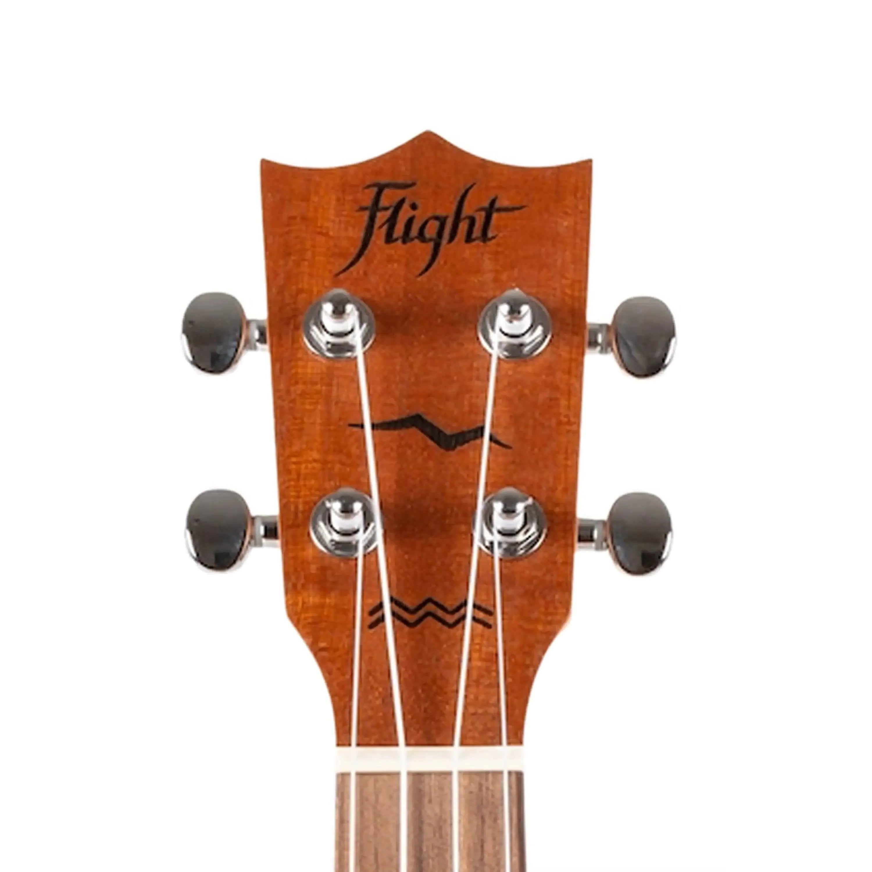 Flight AUC-33 Concert Ukulele headstock with "Flight" logo, four chrome tuners, and light brown wood grain.