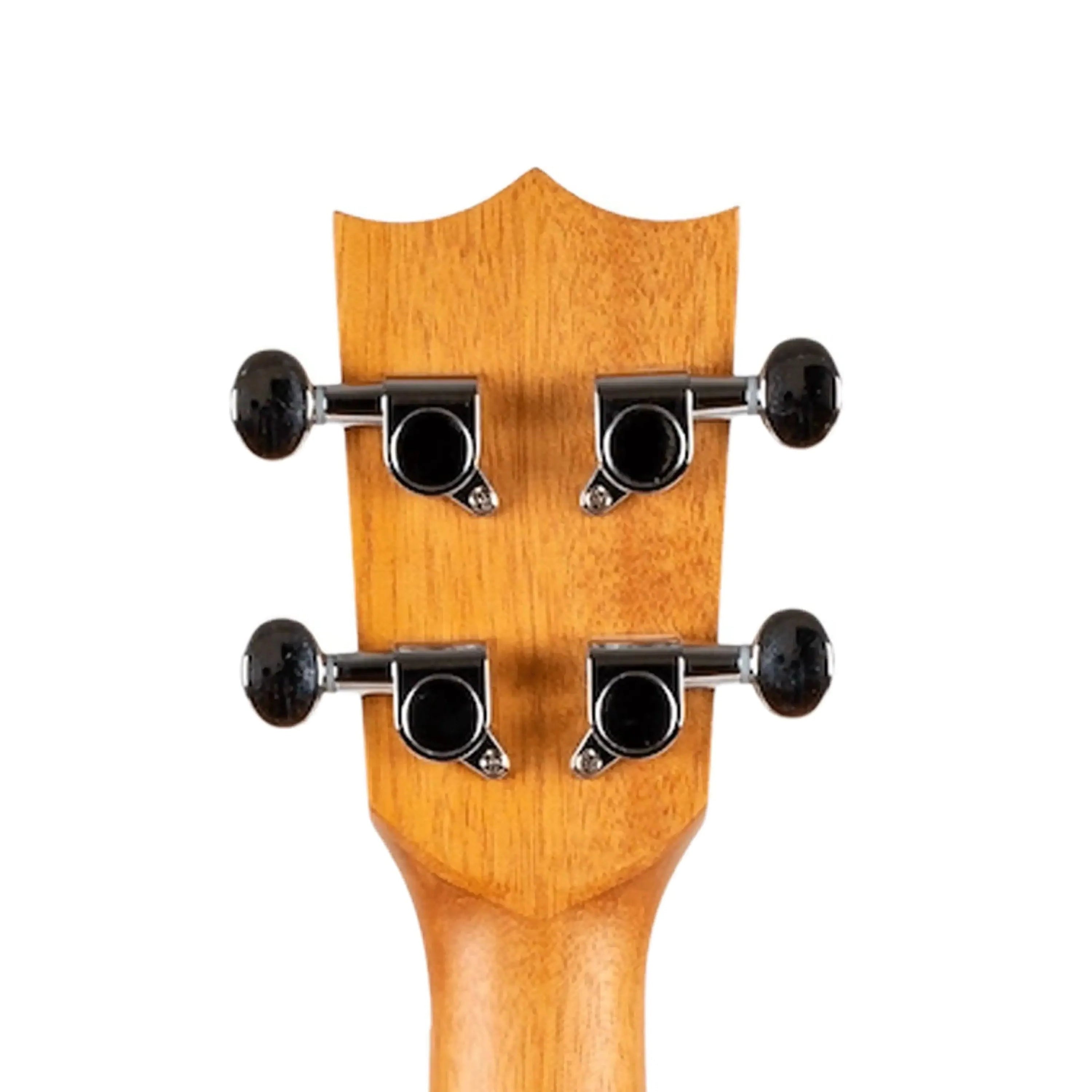 Back of Flight AUC-33 Concert Ukulele headstock with four chrome tuning pegs on light wood.