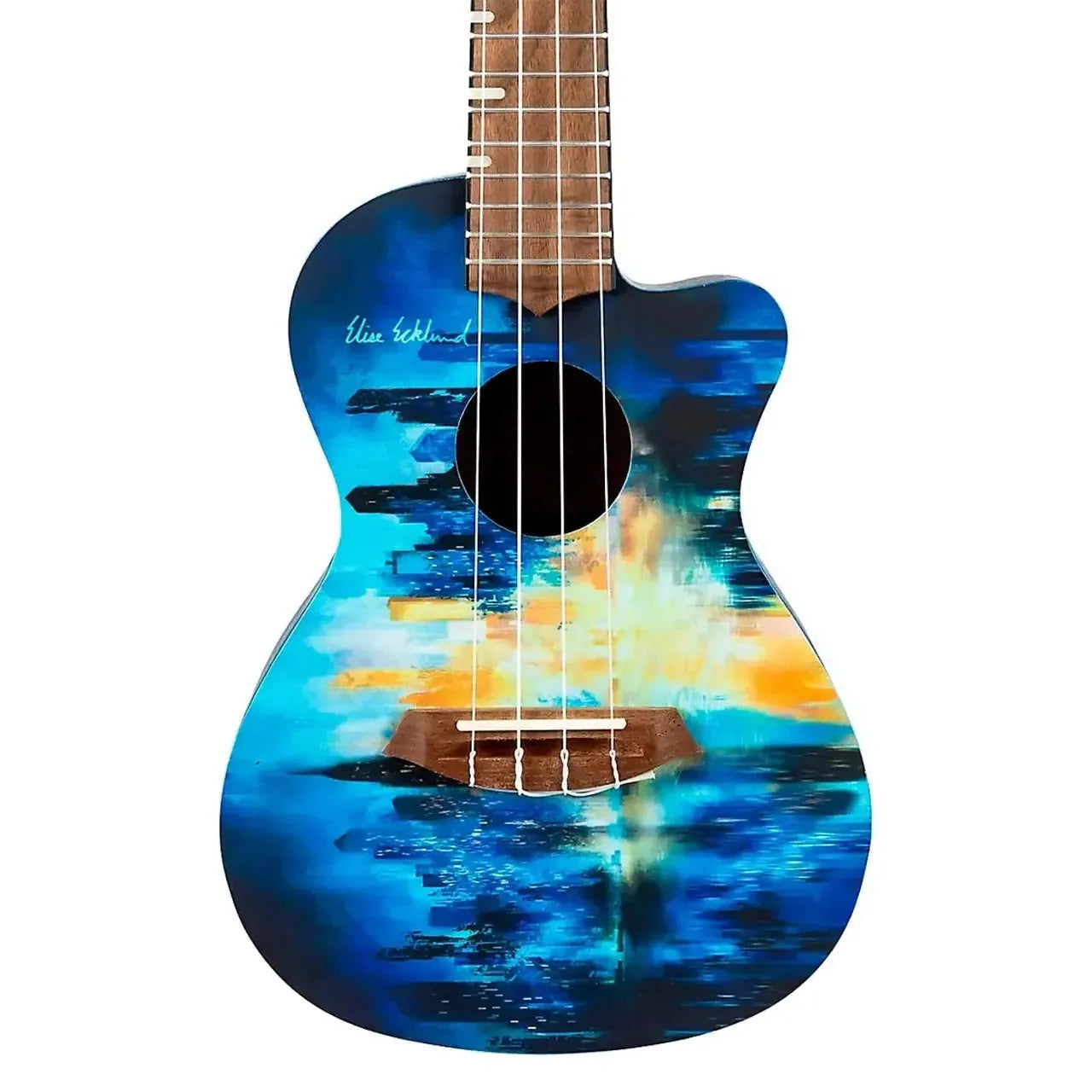 Flight AUC-CITY Elise Ecklund Signature Concert Ukulele with blue, yellow, and black cityscape art.