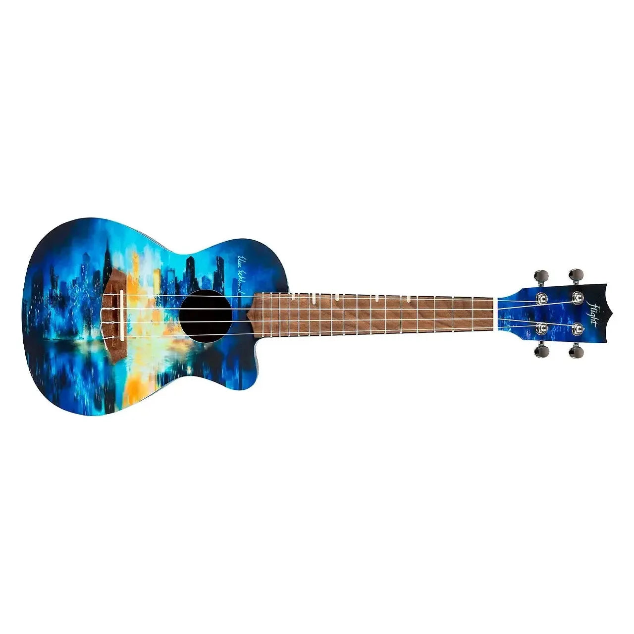 Flight AUC-CITY Elise Ecklund Signature Concert Ukulele with blue cityscape art and cutaway body.