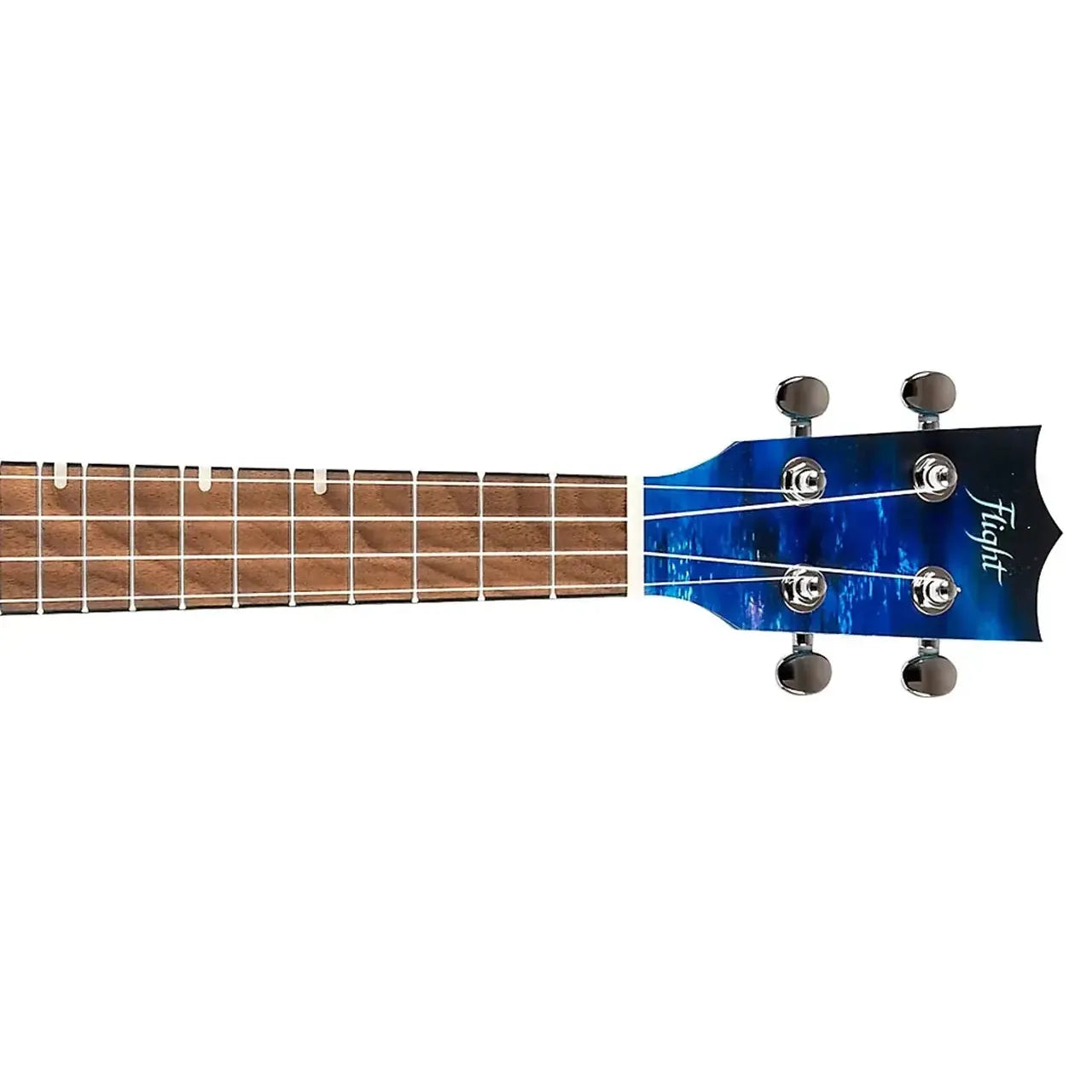 Flight AUC-CITY Elise Ecklund Signature Concert Ukulele headstock and fretboard with blue starry design.