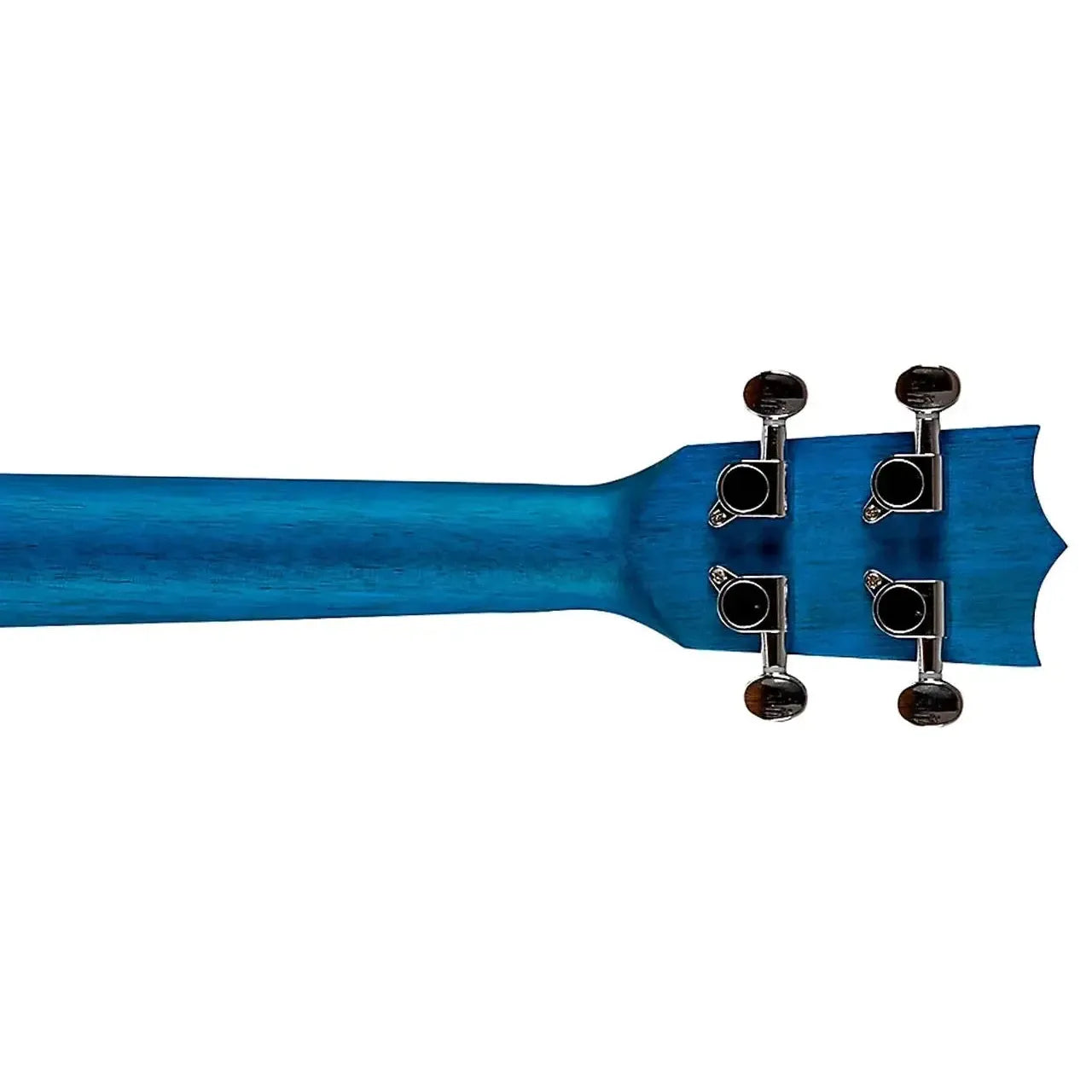 Back of a blue Flight AUC-CITY Elise Ecklund Concert Ukulele neck and headstock with four silver geared tuners.