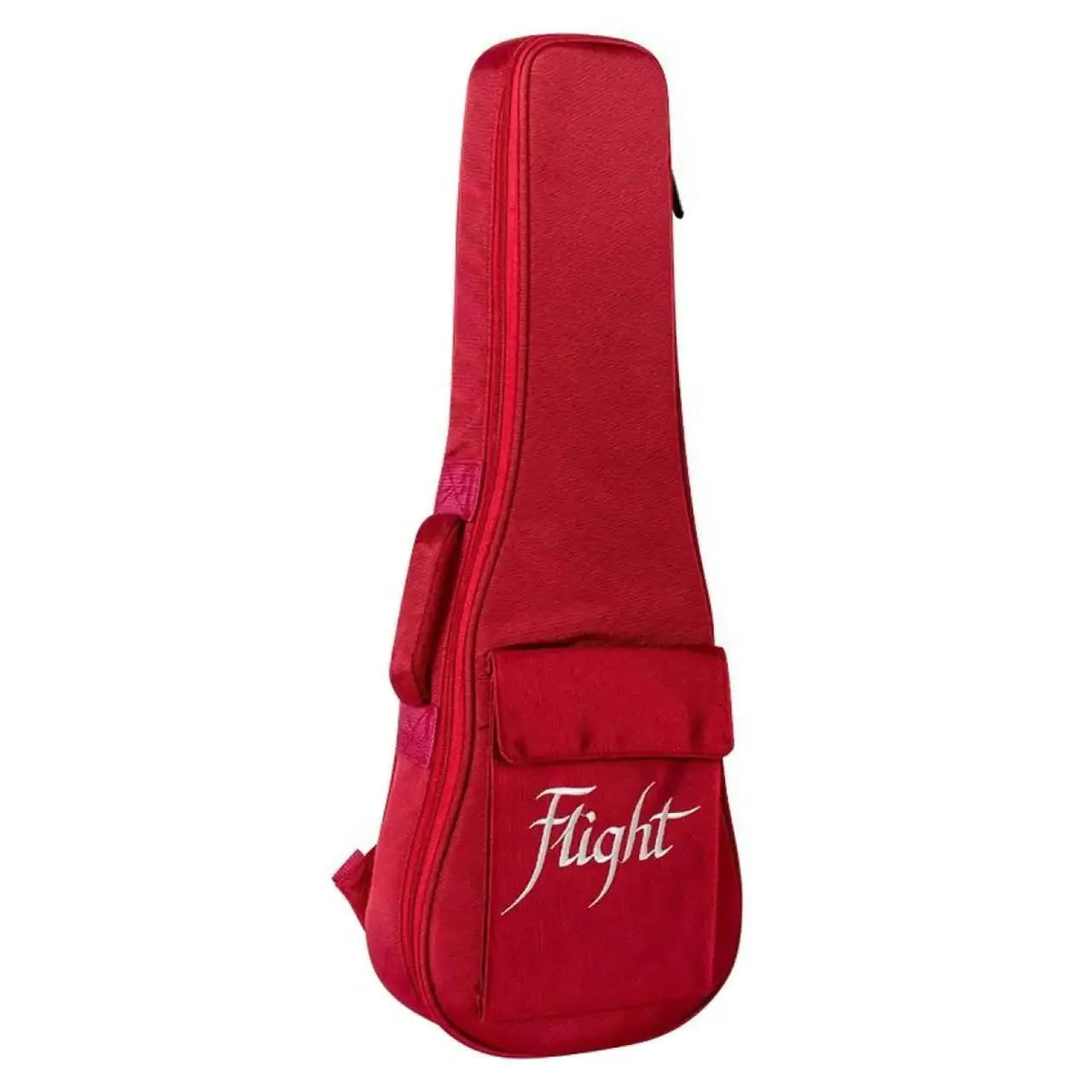 Red Flight ukulele gig bag with white logo, handle, and accessory pocket.