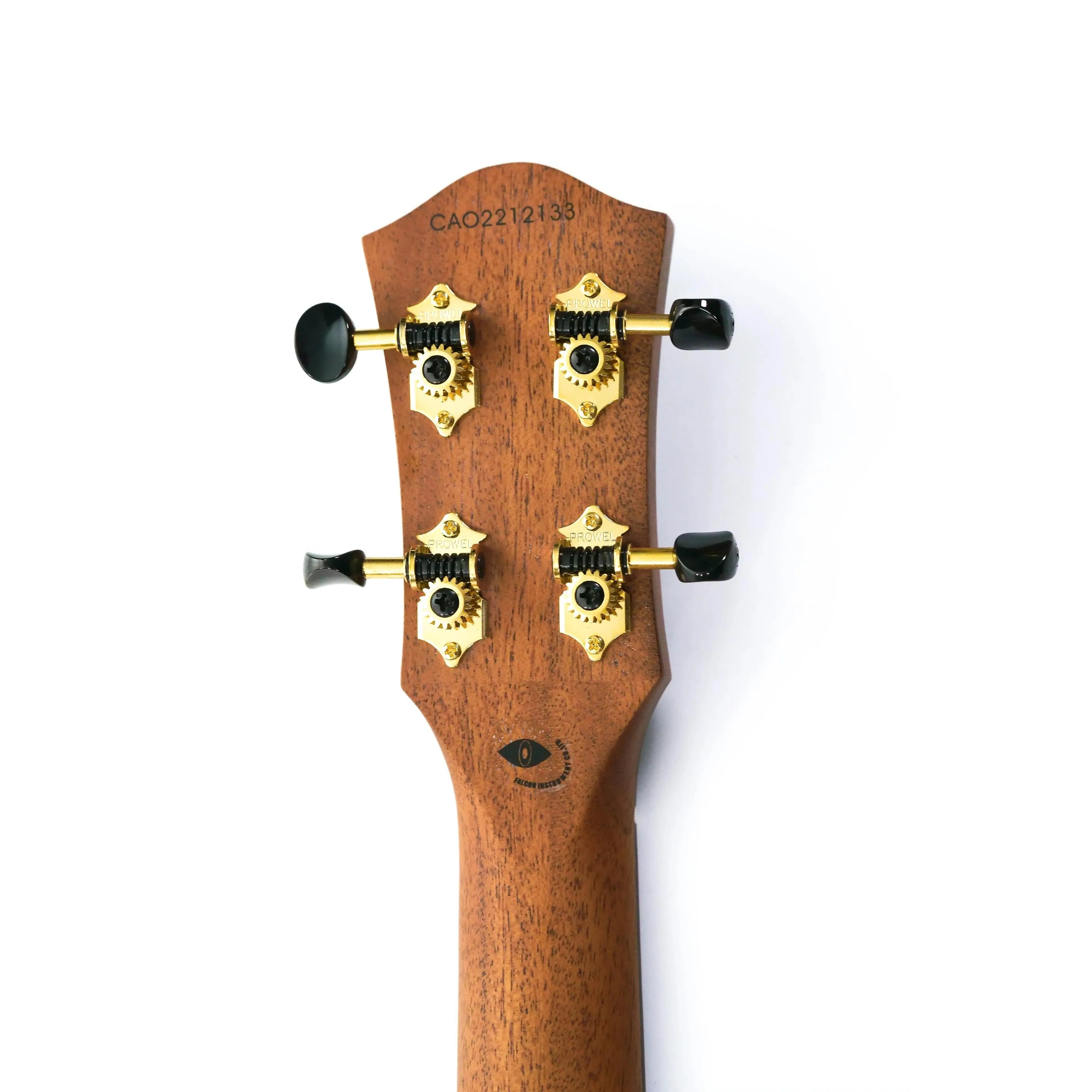 Flight Aurora Baritone Ukulele headstock with gold tuners and black buttons on a mahogany neck.