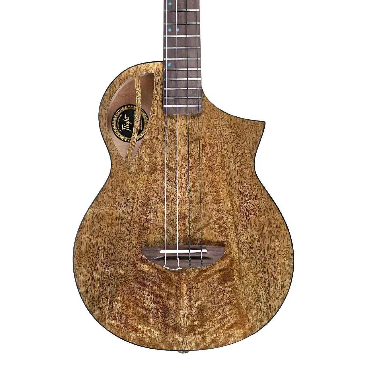 Flight AVIATOR-CE solid mango top baritone ukulele with unique soundhole and dark wood grain.