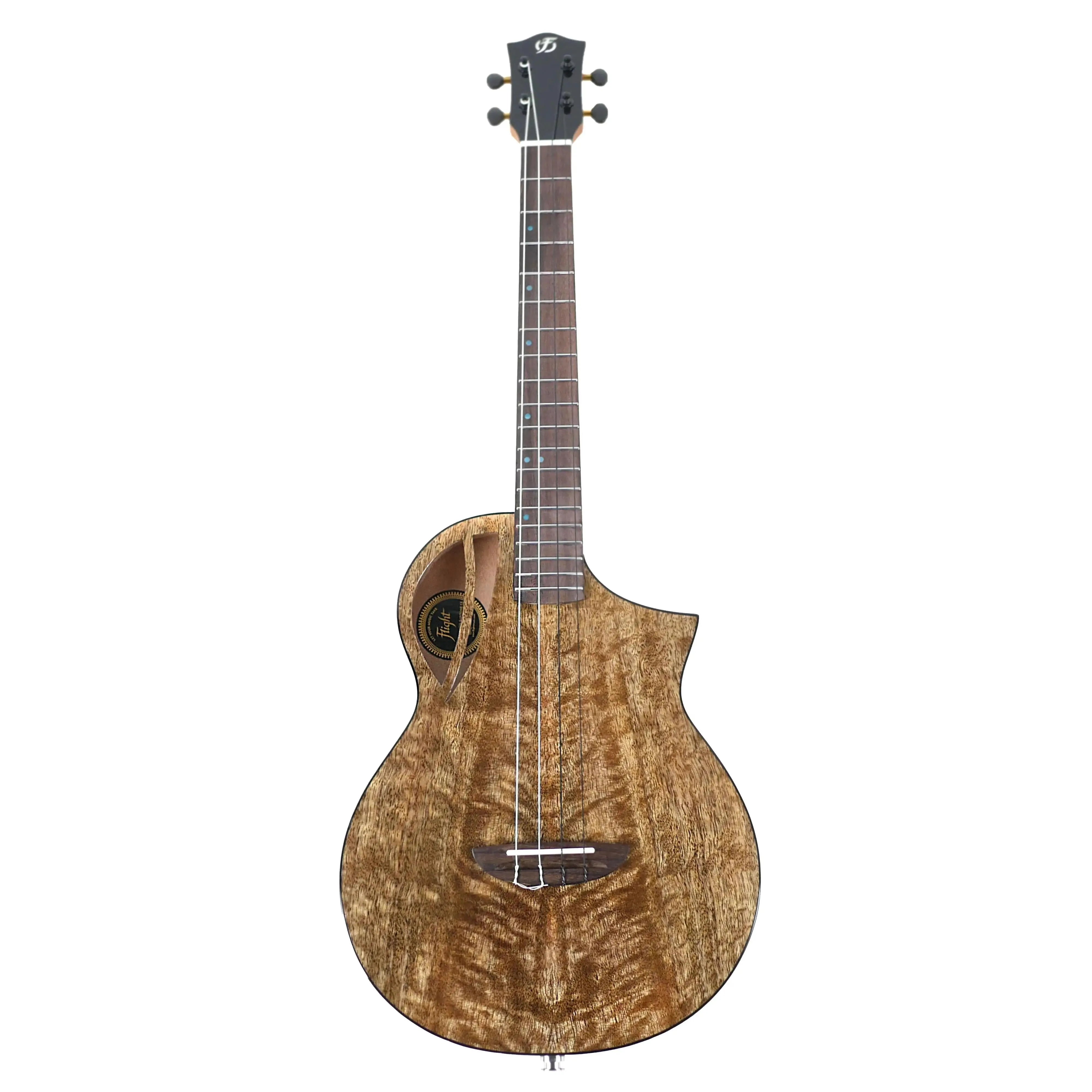 Flight AVIATOR-CE Solid Mango Top Baritone Ukulele with cutaway, pickup, and dark wood grain.