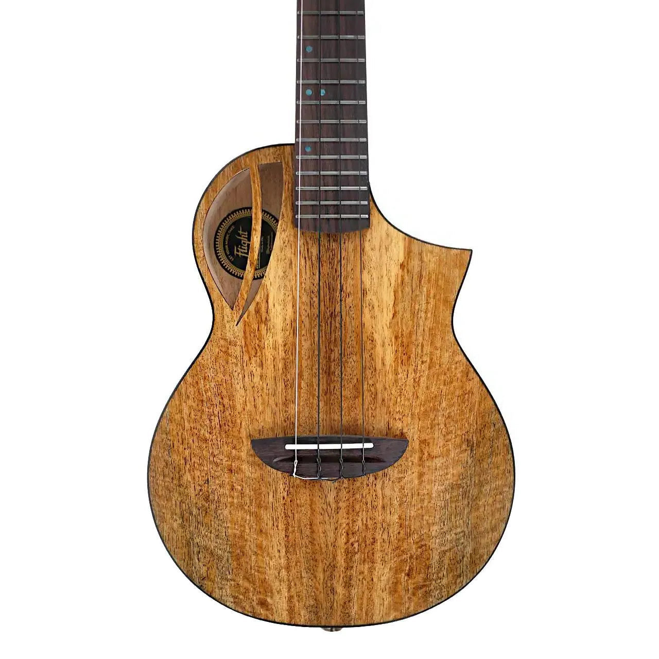 Flight AVIATOR-CE Tenor Ukulele with solid mango top, unique soundhole, and dark rosewood fretboard.