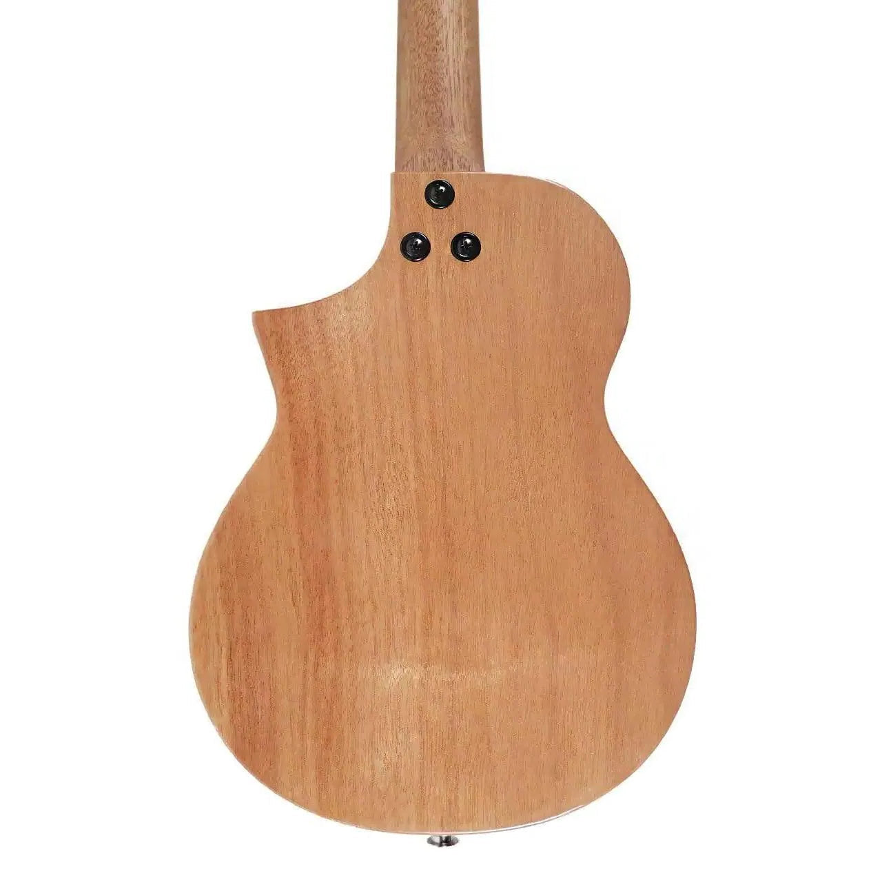 Flight AVIATOR-CE Tenor Ukulele back, showing solid okoume wood and black tuning pegs.
