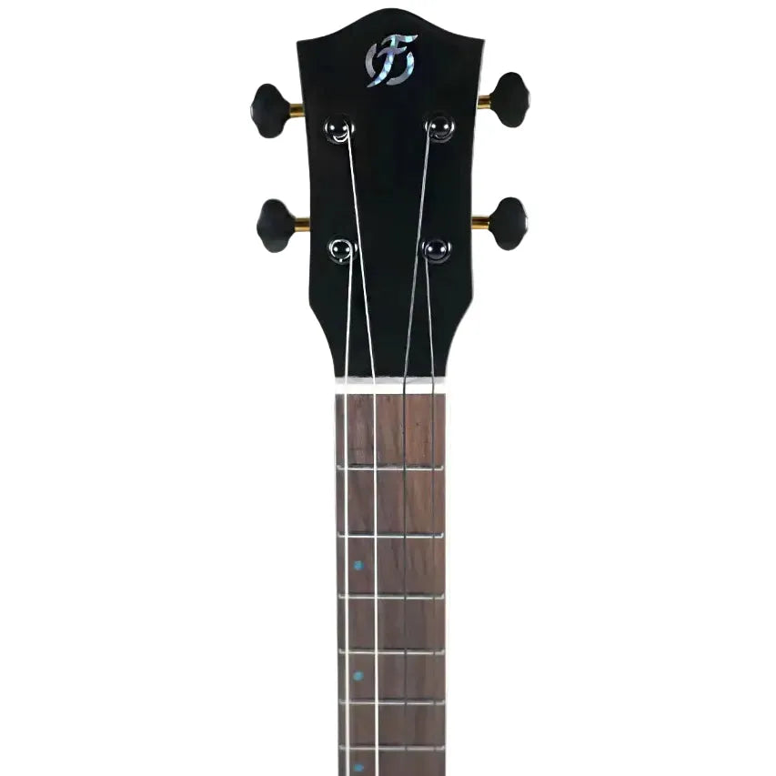 Flight AVIATOR-CE Tenor Ukulele headstock and fretboard, featuring a black finish, mother-of-pearl logo, and dark rosewood.