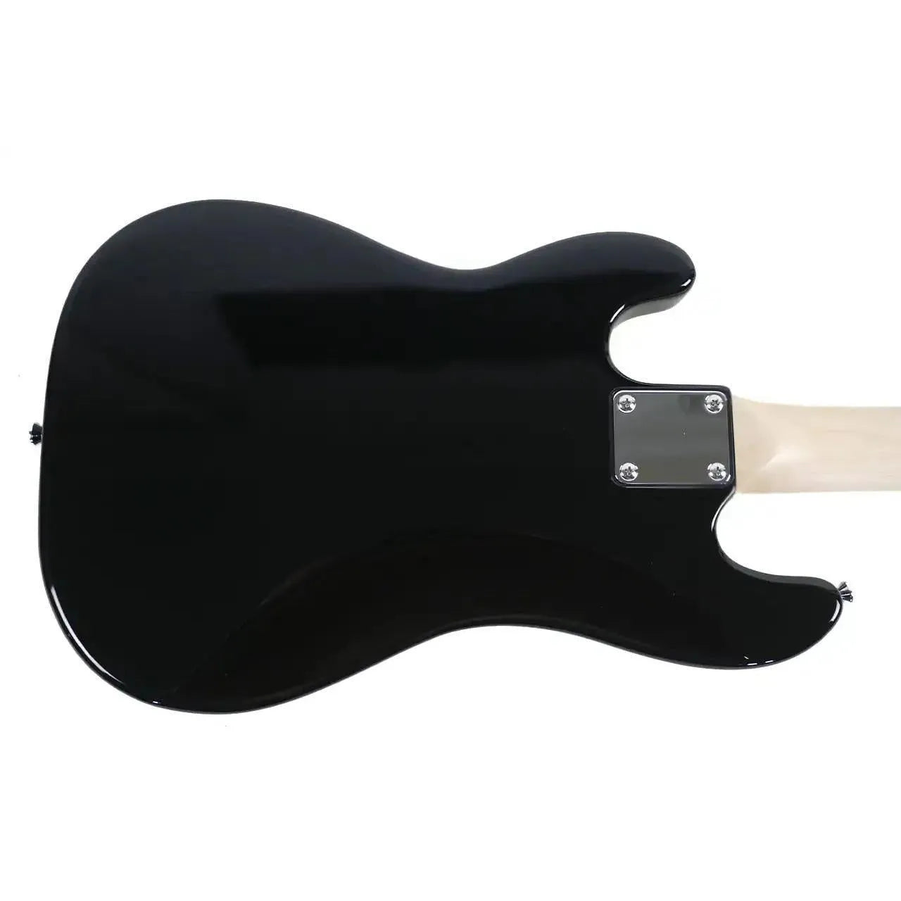 Back of a black Flight BK Short Scale Electric Lite Mini Bass with a light maple neck.