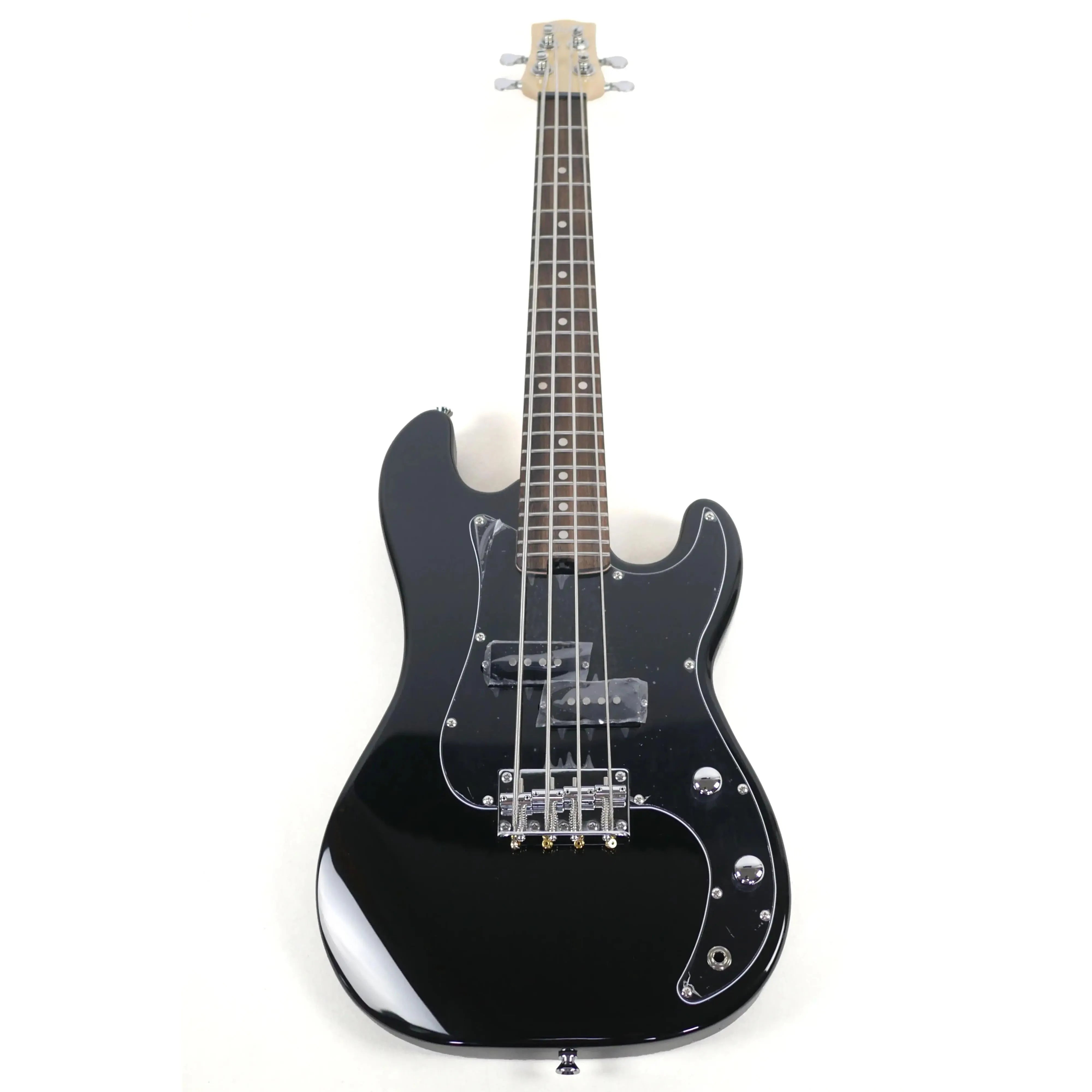 Flight BK black short scale electric mini bass with a sleek black finish and chrome hardware.