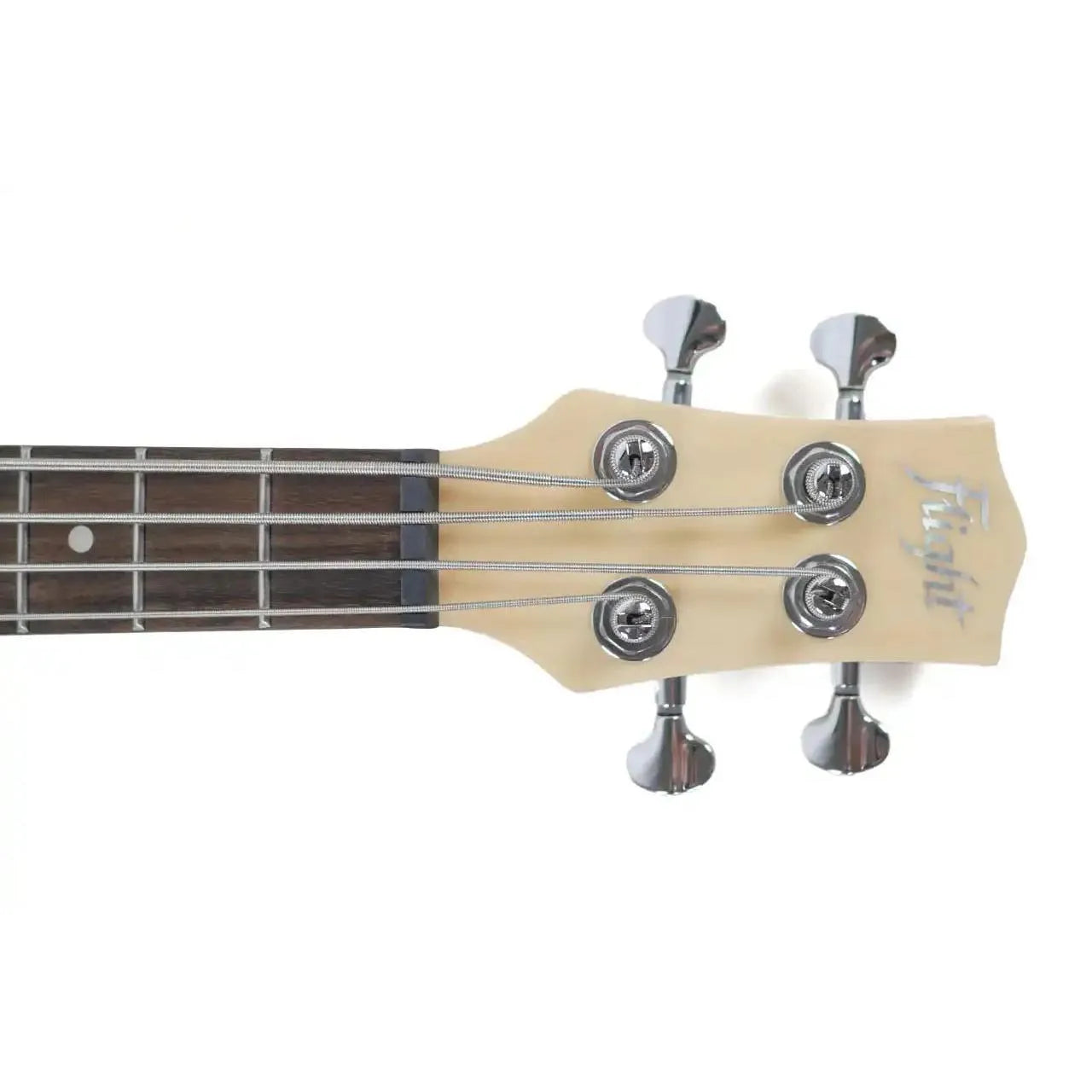 Flight BK black short scale electric mini bass headstock with chrome tuners and dark fretboard.