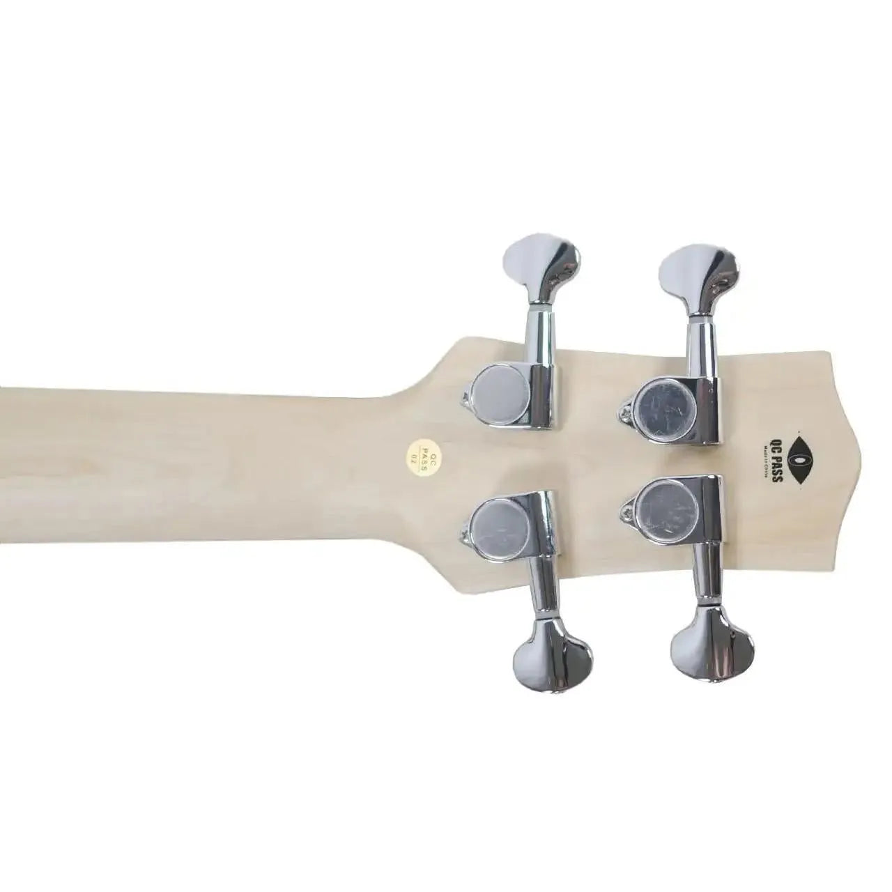 Back of a Flight BK mini bass headstock with light maple wood and four chrome closed-geared tuners.
