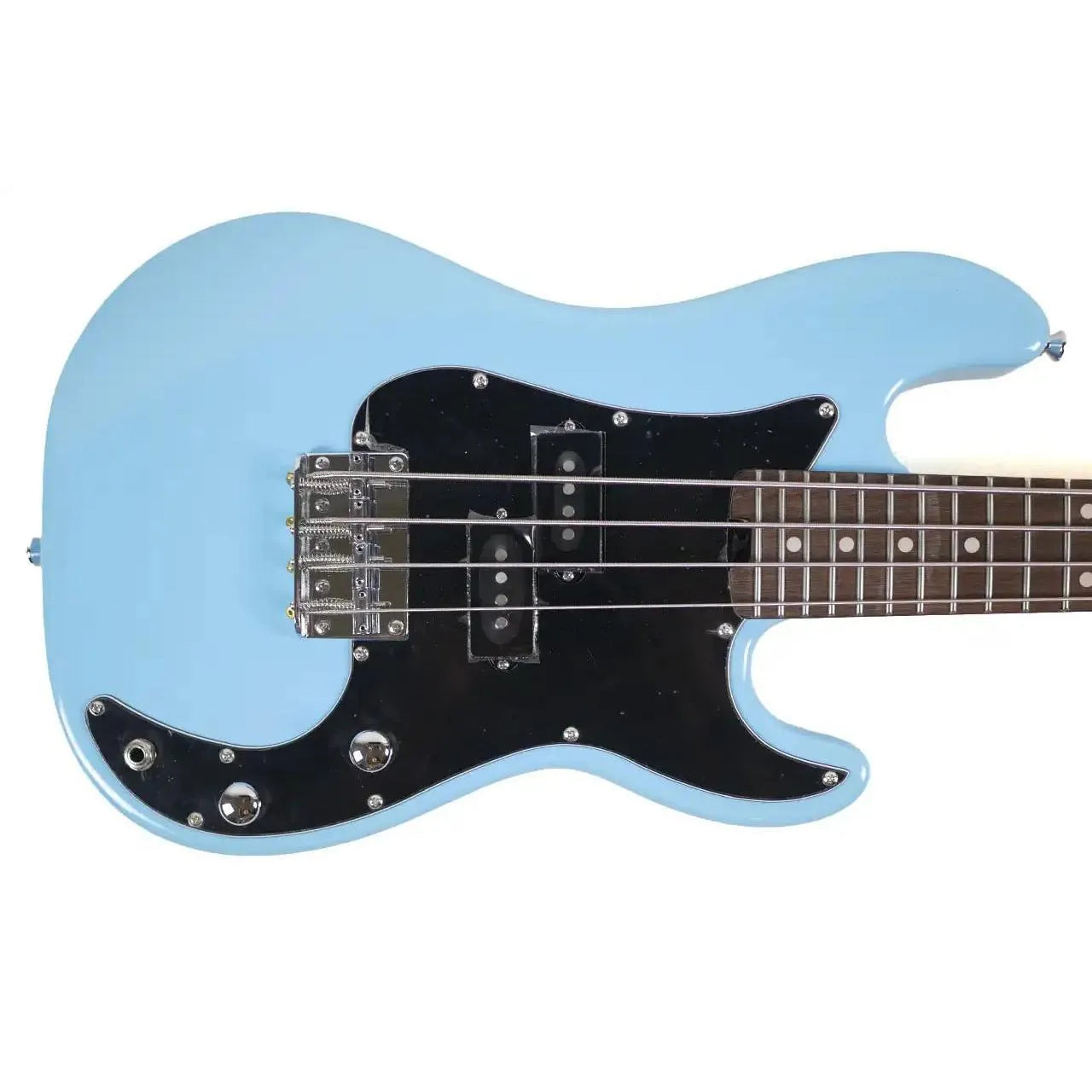 Flight BL Blue Short Scale Electric Lite Mini Bass with black pickguard, chrome hardware, and two P-style pickups.