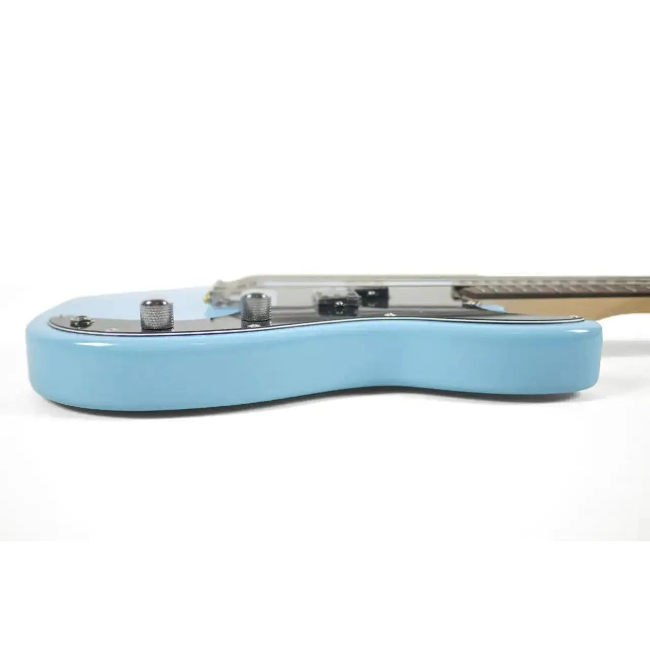 Flight BL blue short scale electric mini bass body with chrome knobs and pickups.