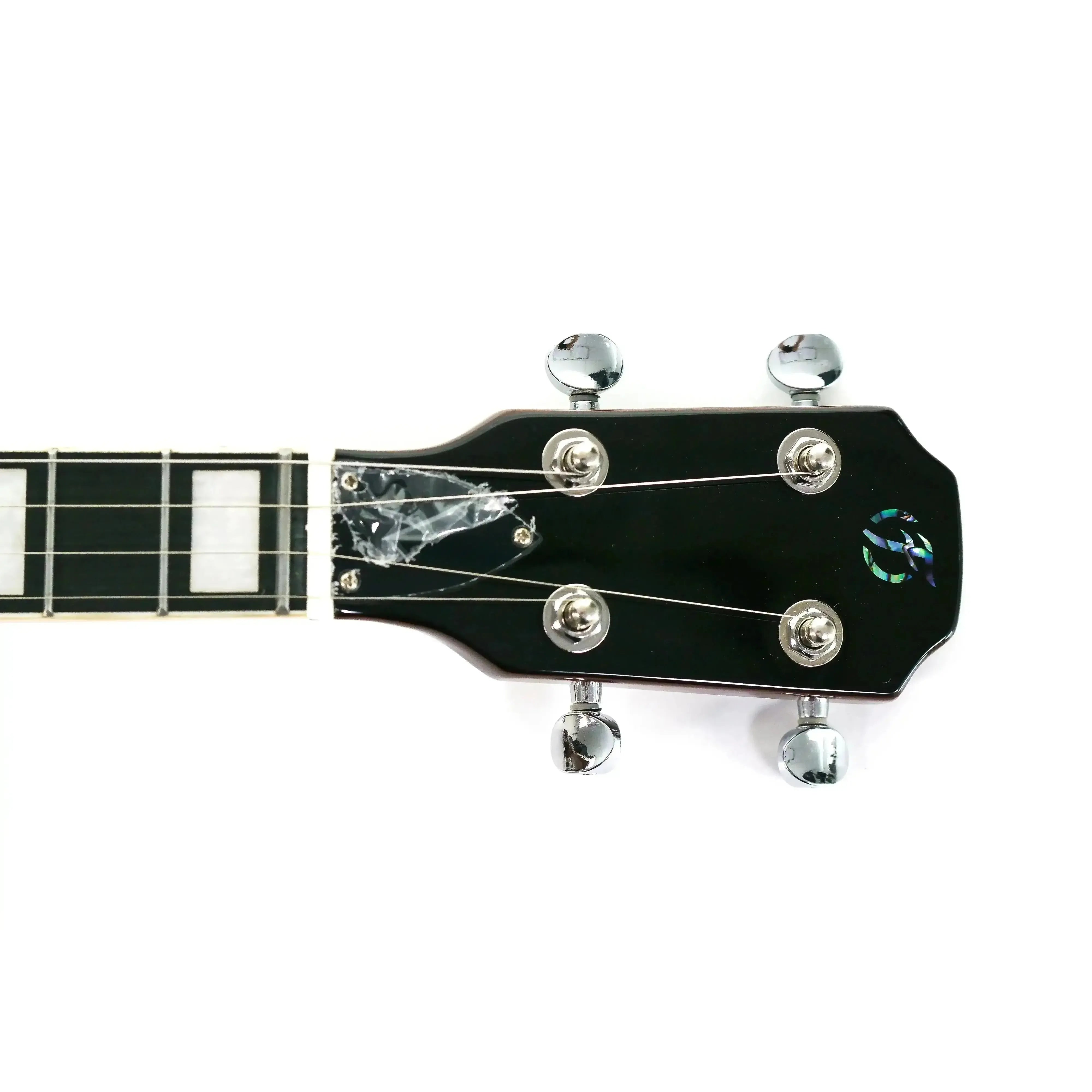 Flight Centurion GT Vintage Gold Electric Tenor Ukulele headstock with black gloss finish and chrome tuners.