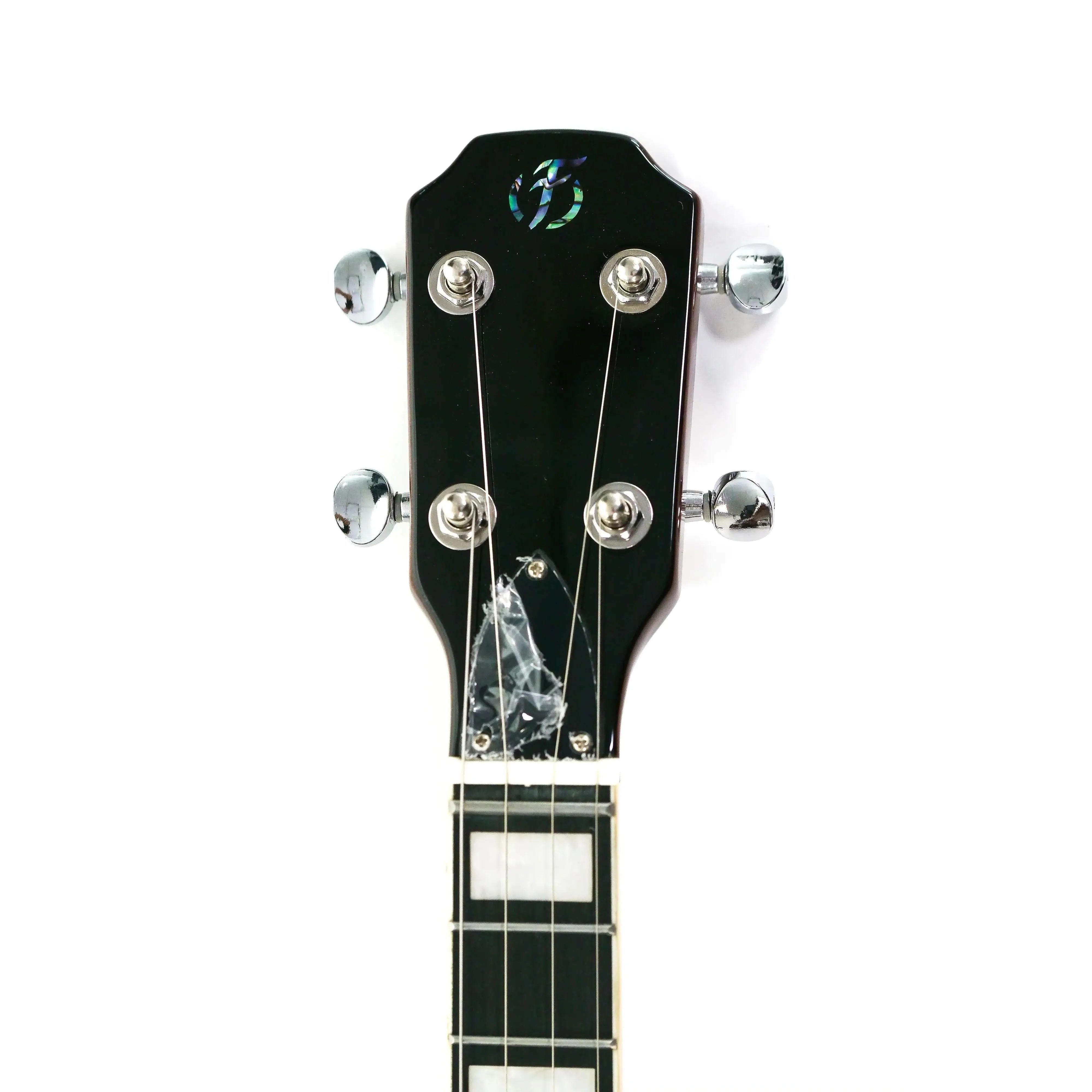Flight Centurion GT electric tenor ukulele headstock with black finish, chrome tuners, and mother-of-pearl logo.