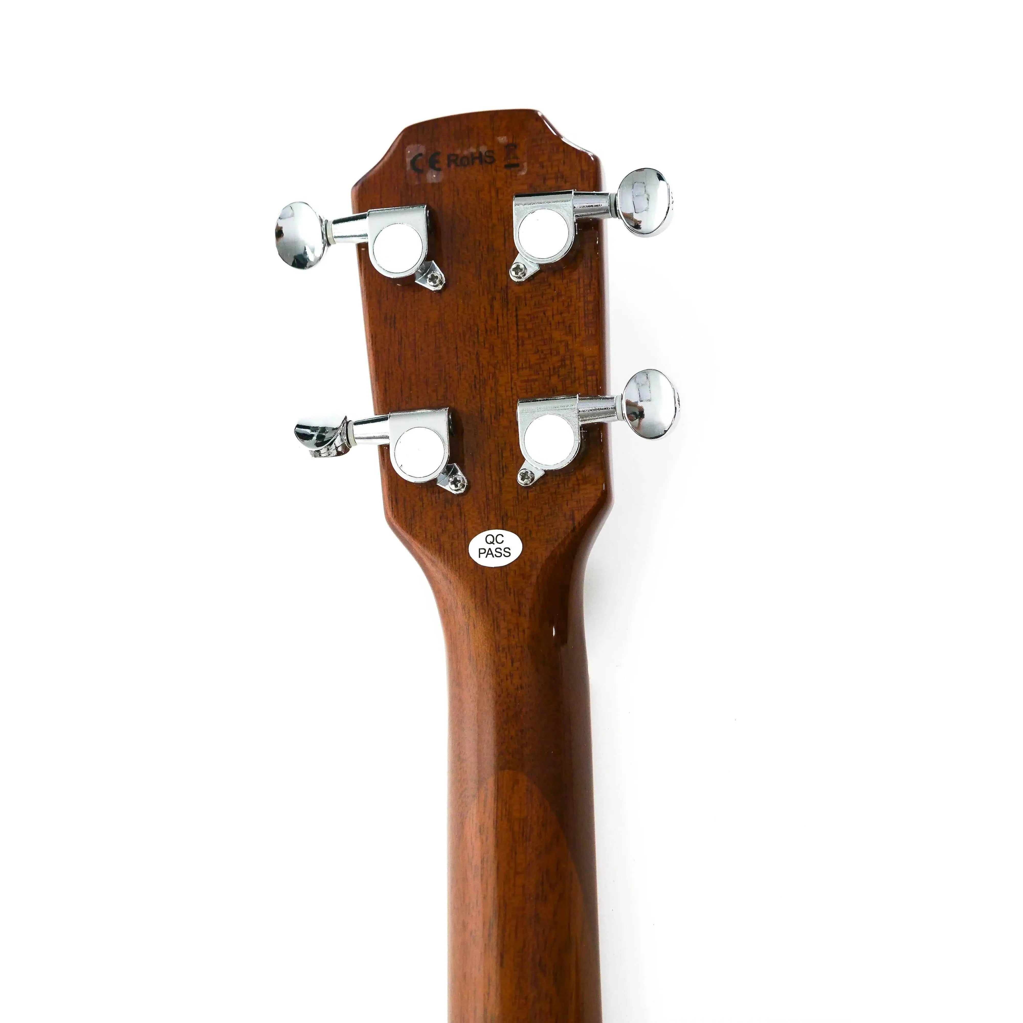 Back of Flight Centurion GT tenor ukulele headstock and mahogany neck with chrome tuners.