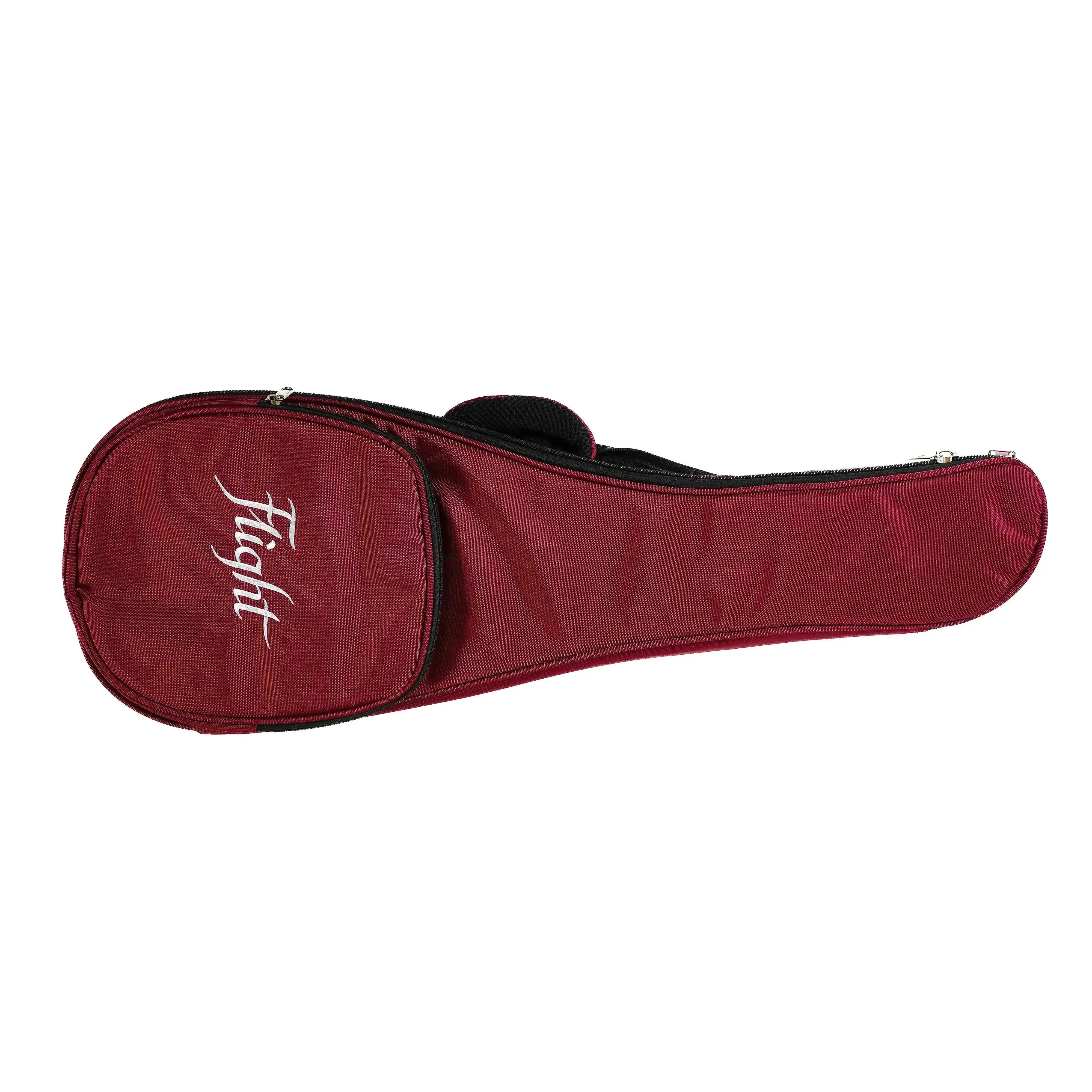 Flight ukulele gig bag in maroon with white "Flight" logo and black zipper.