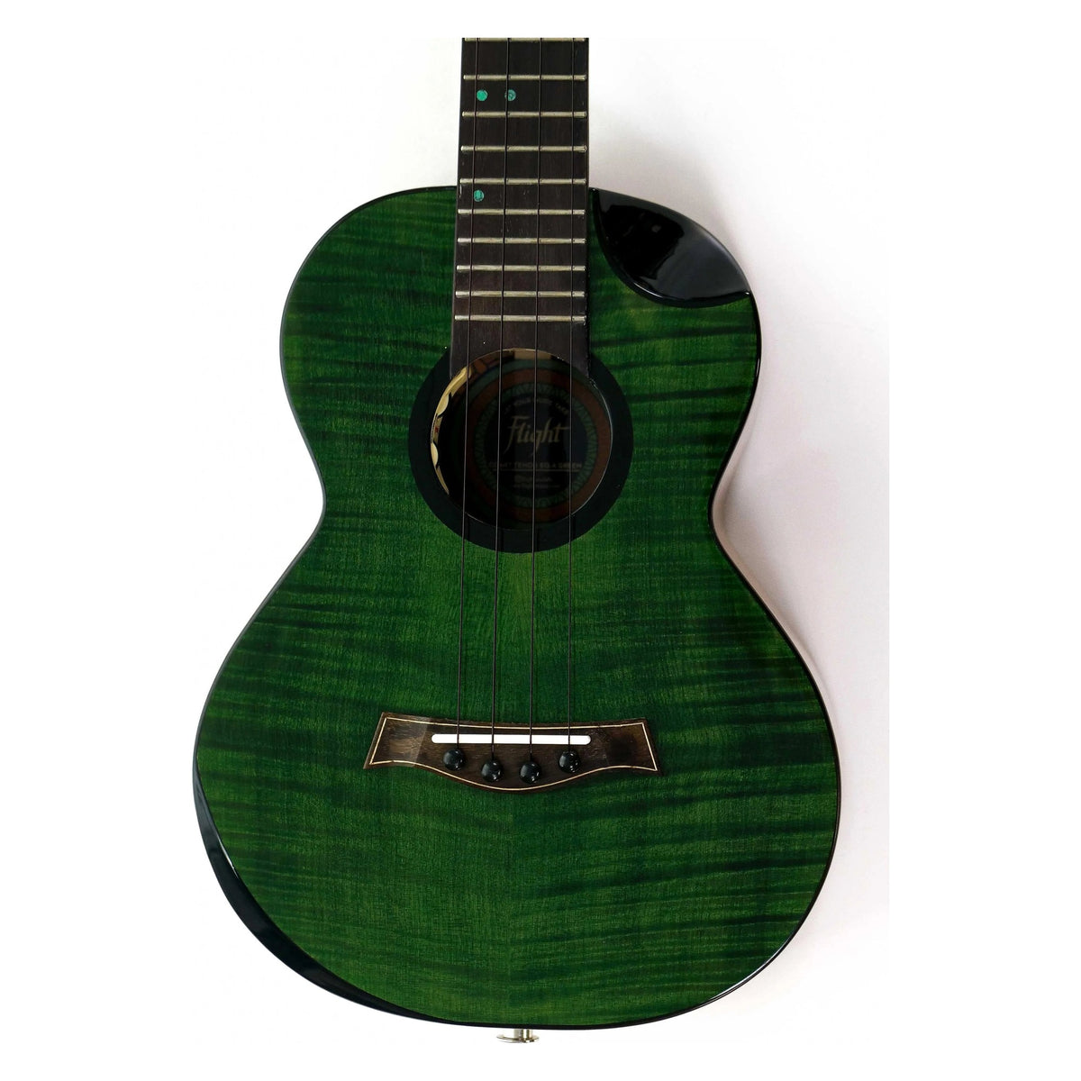 Flight Comet Green Tenor Ukulele with flamed maple top, rosewood bridge, and blackwood rosette.