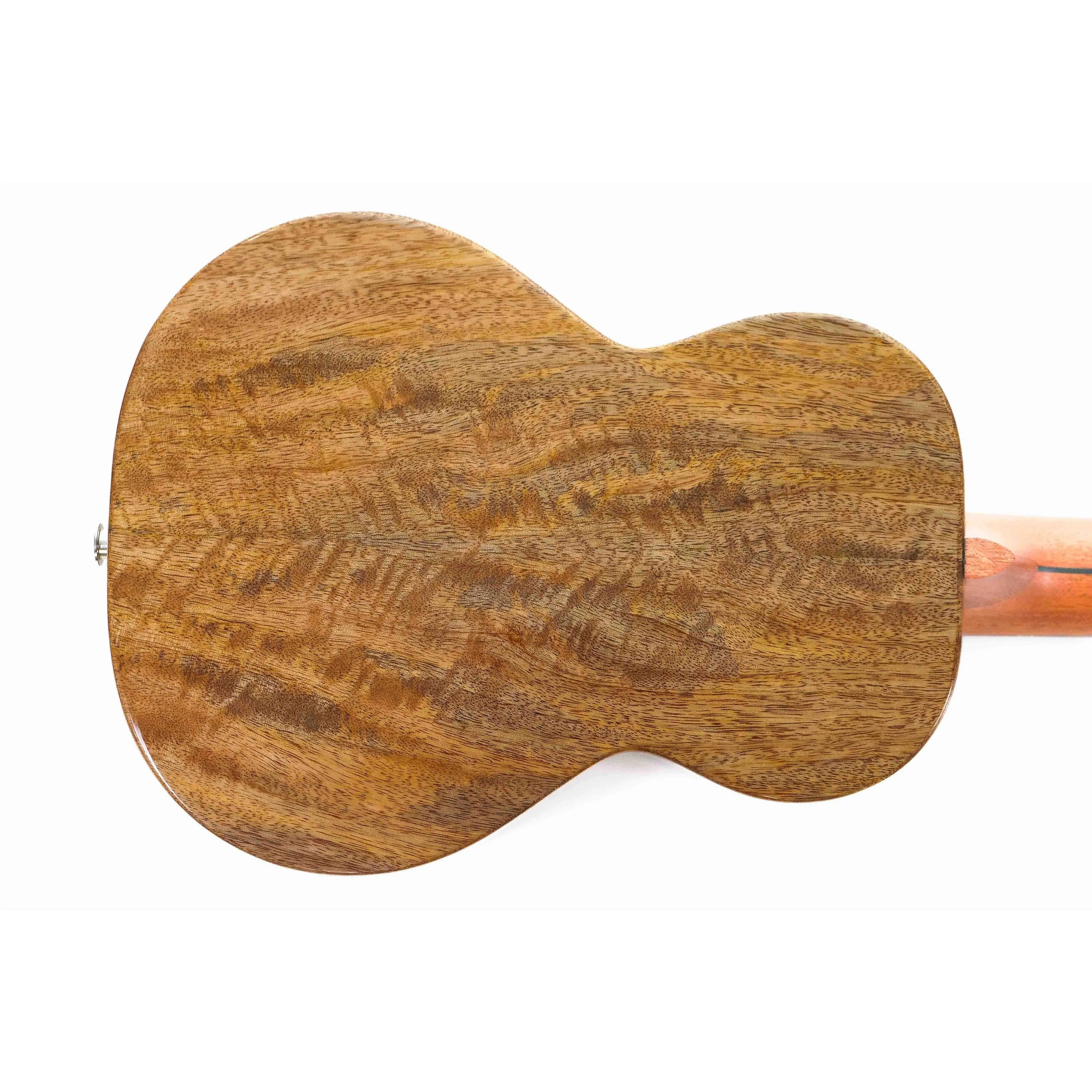 Back of Flight Comet Green Tenor Ukulele, showcasing solid flamed mango wood grain.