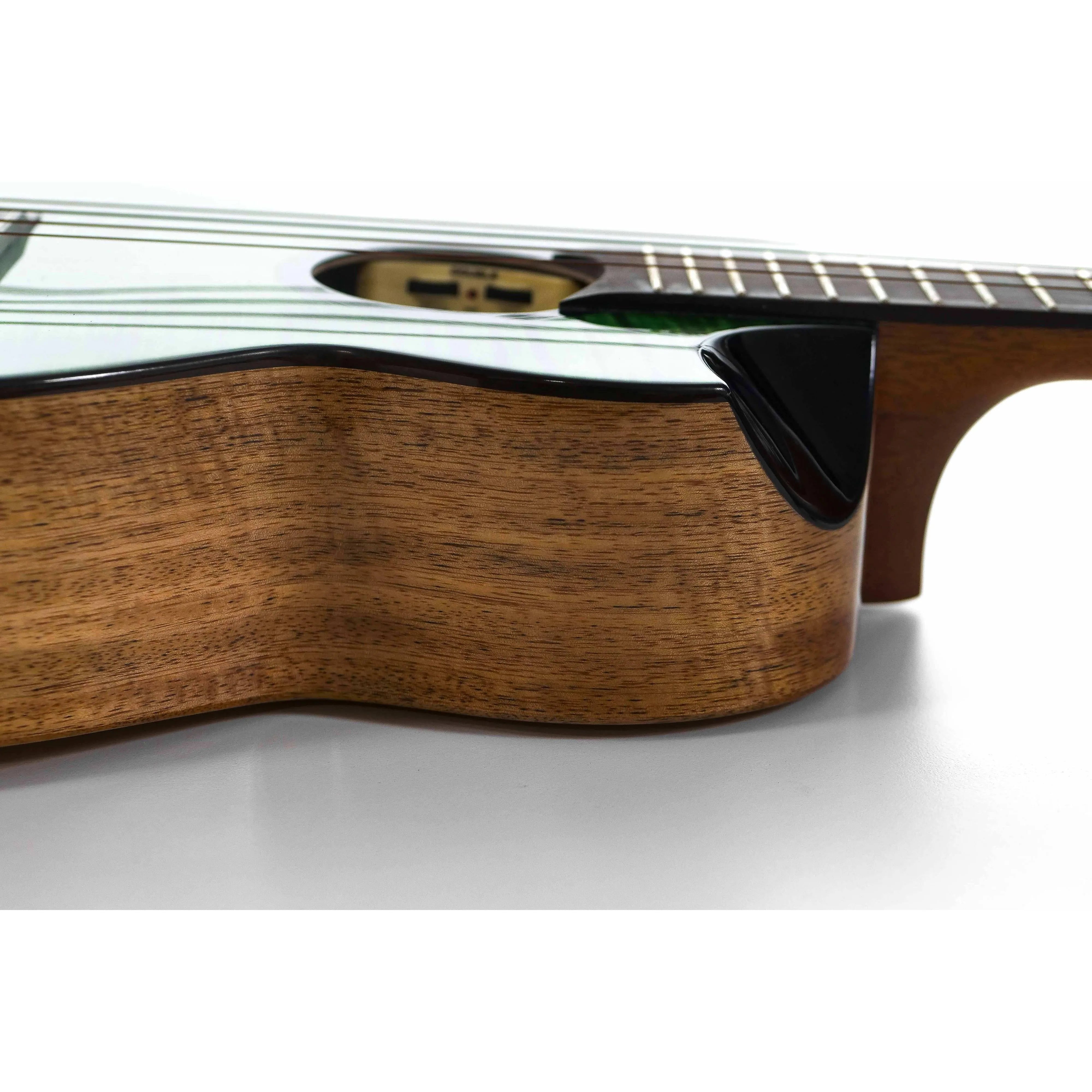 Flight Comet Green EQ-A Tenor Ukulele body with flamed maple top, mango sides, and blackwood cutaway.