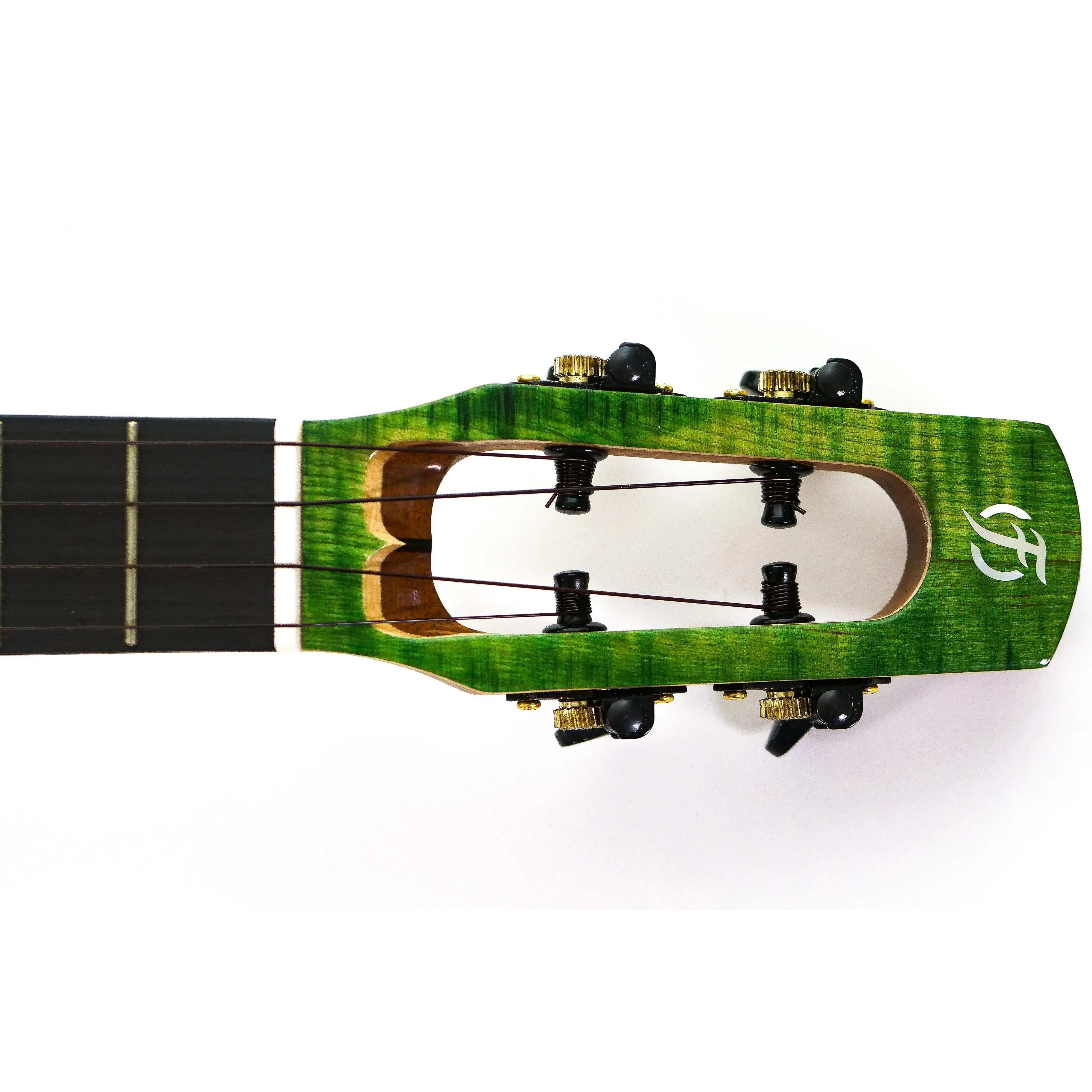 Flight Comet Green Tenor Ukulele headstock with gloss flamed maple, black tuners, and "F" logo.