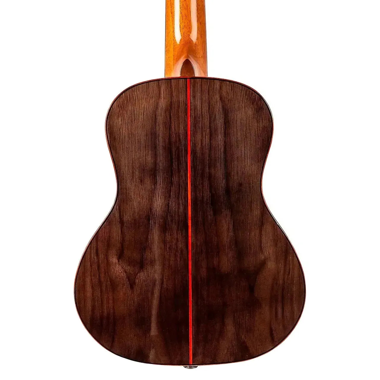 Back of Flight DIANA TE Tenor Ukulele, showing dark walnut wood grain and a red center strip.