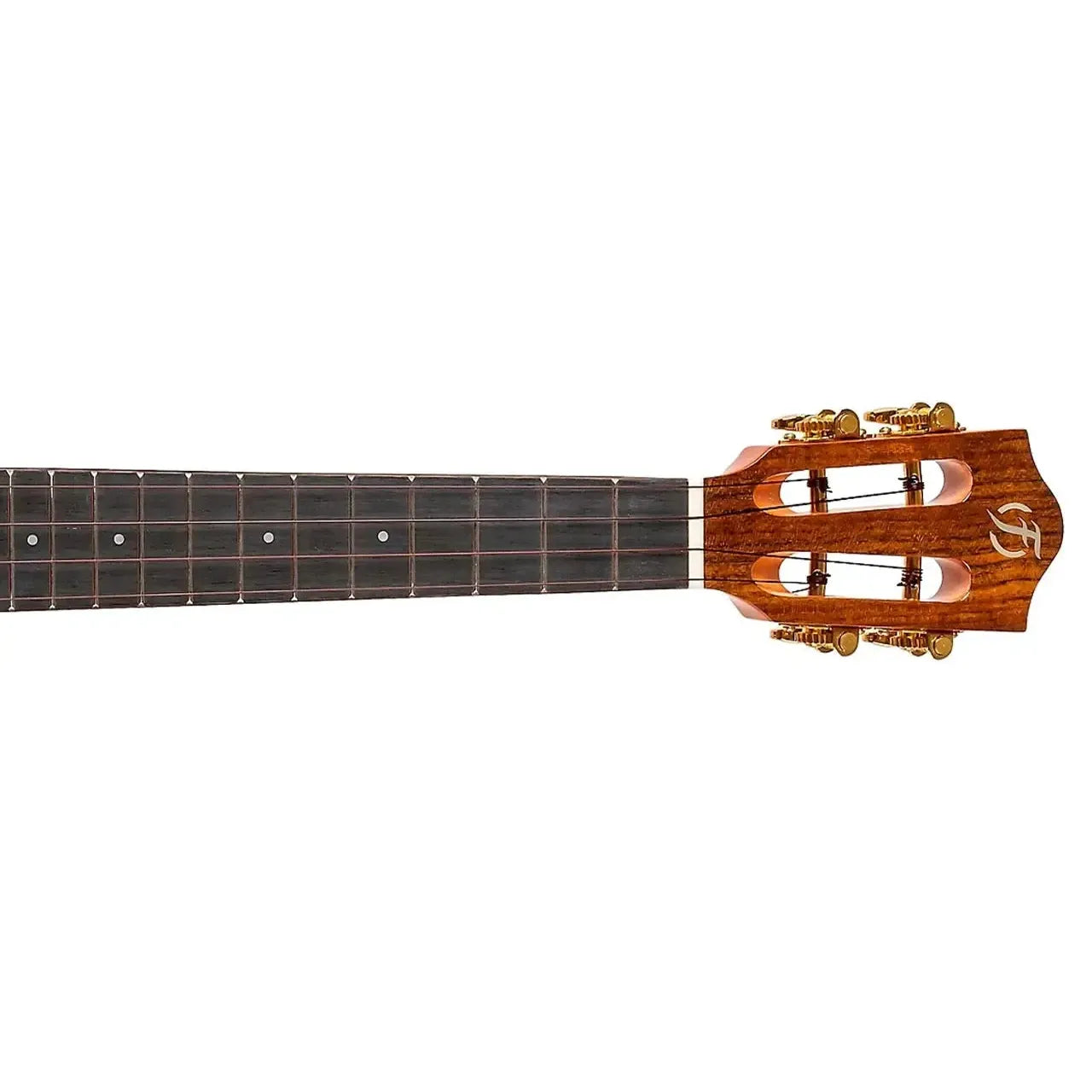 Flight DIANA TE Tenor Ukulele headstock with gold open-geared tuners and purpleheart fretboard.