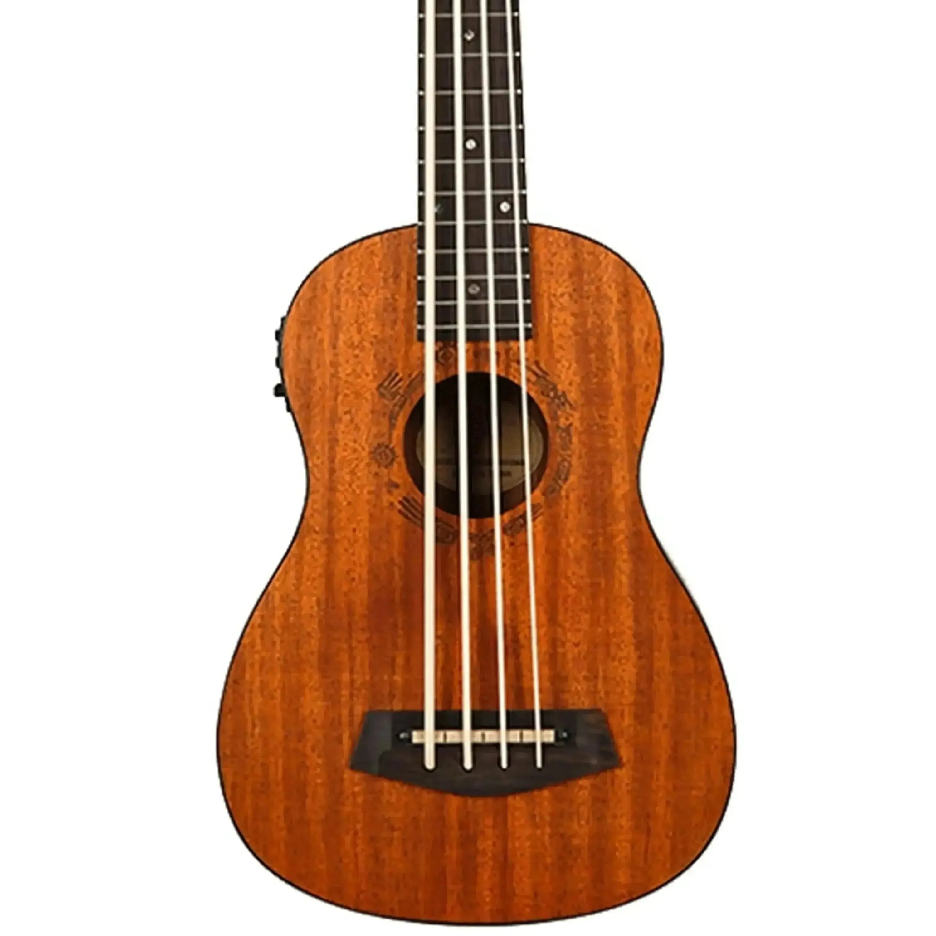 Flight DUBS MAH Mahogany Acoustic-Electric Bass Ukulele with dark wood body, soundhole rosette, and four white strings.