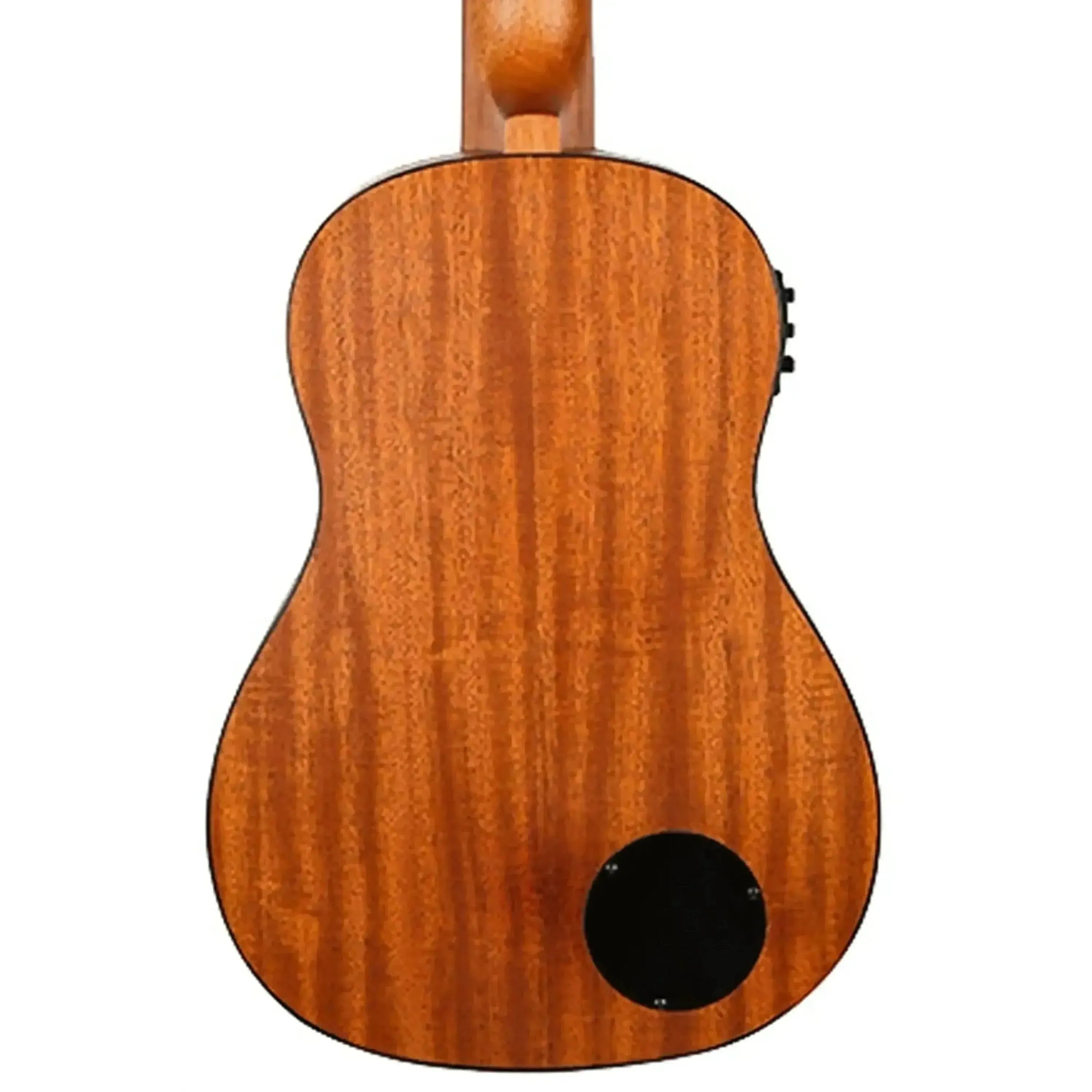 Back of Flight DUBS MAH Mahogany Acoustic-Electric Bass Ukulele, showing warm wood grain and black control panel.