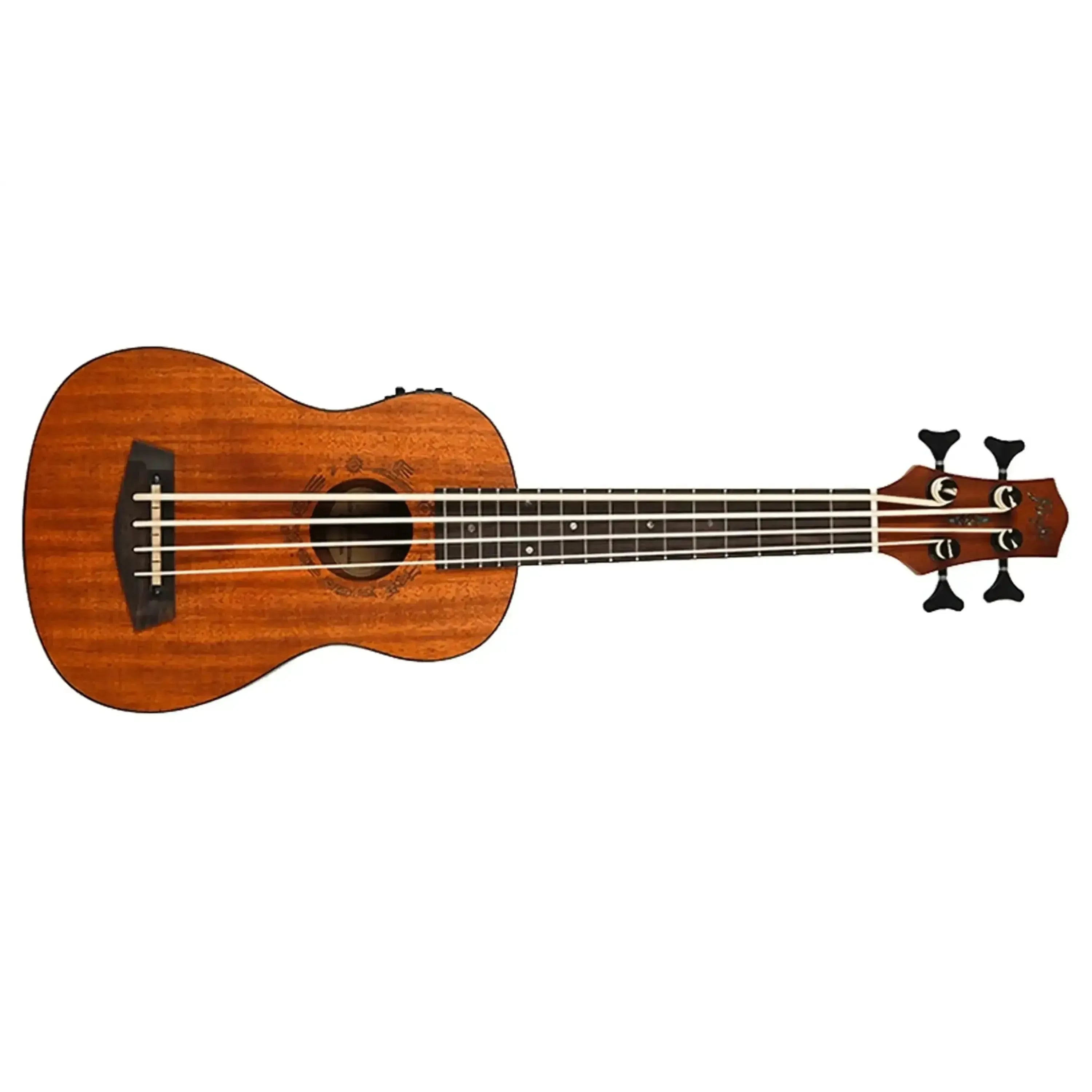 Flight DUBS MAH Mahogany Acoustic-Electric Bass Ukulele with dark fretboard and four black tuning pegs.