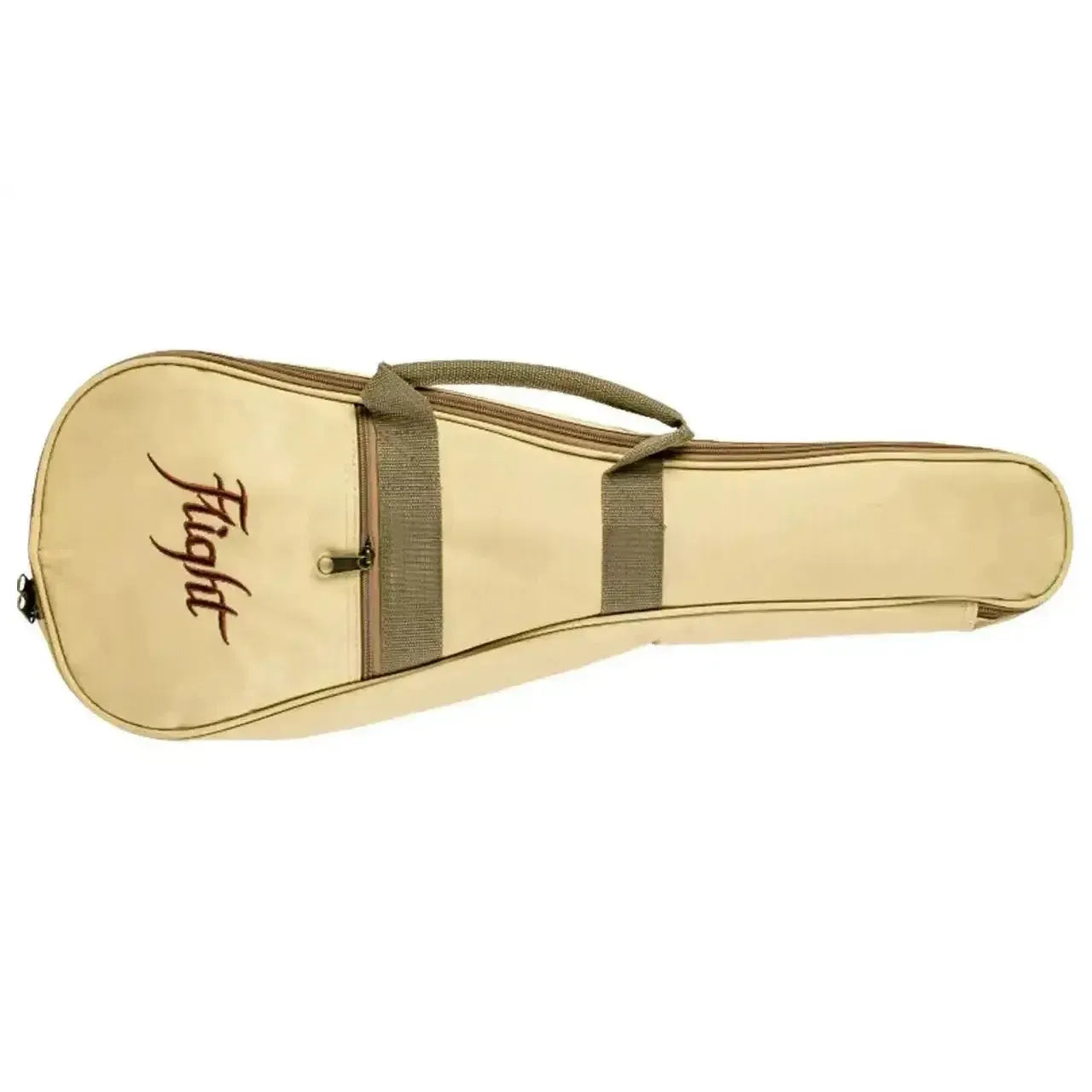 Flight DUBS MAH bass ukulele gig bag, light tan with brown trim and "Flight" logo.