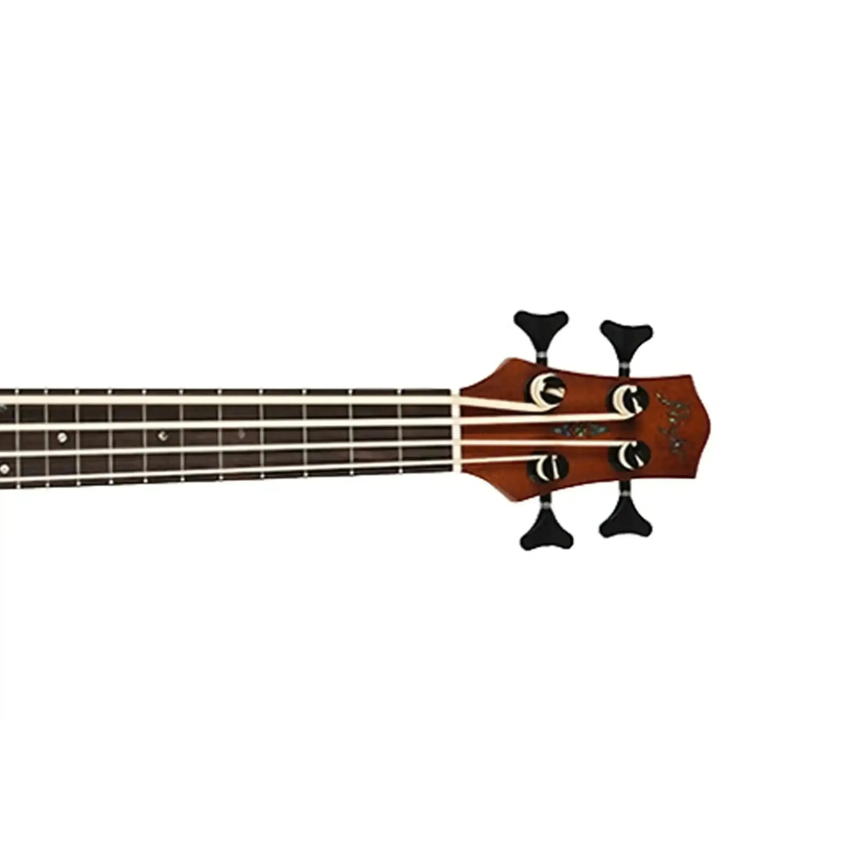 Flight DUBS MAH Mahogany Acoustic-Electric Bass Ukulele headstock and fretboard.