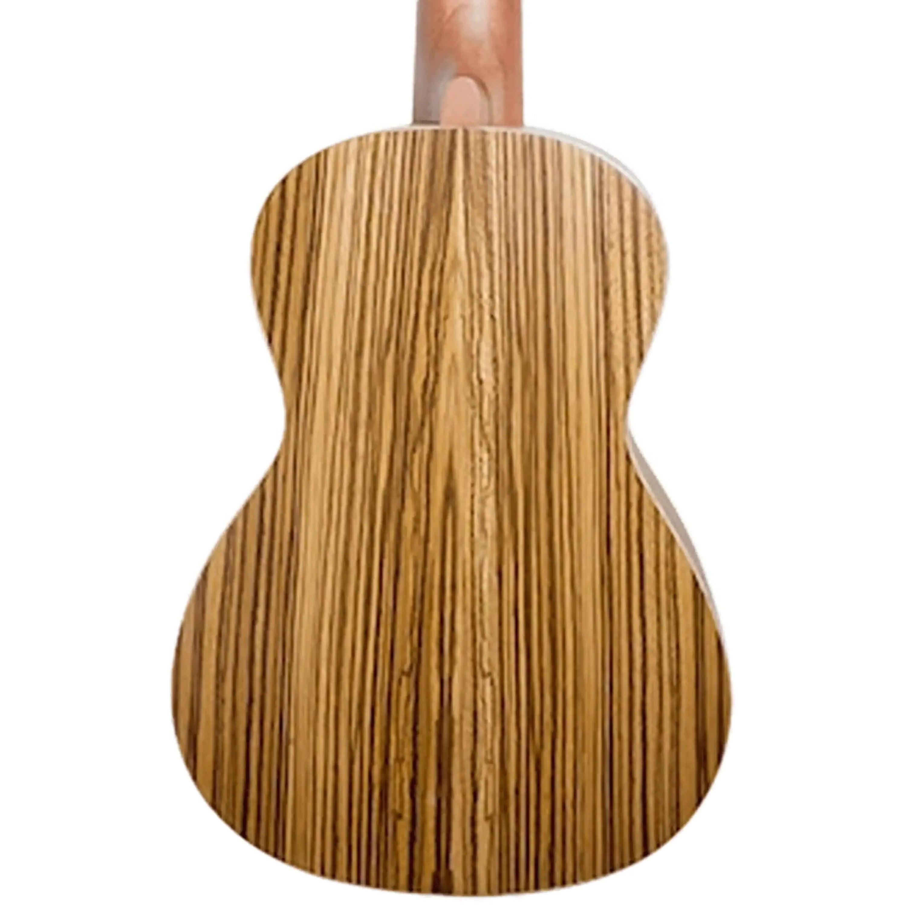 Back of a Flight DUC325 SP/ZEB Concert Ukulele, showing its distinctive zebrawood grain.