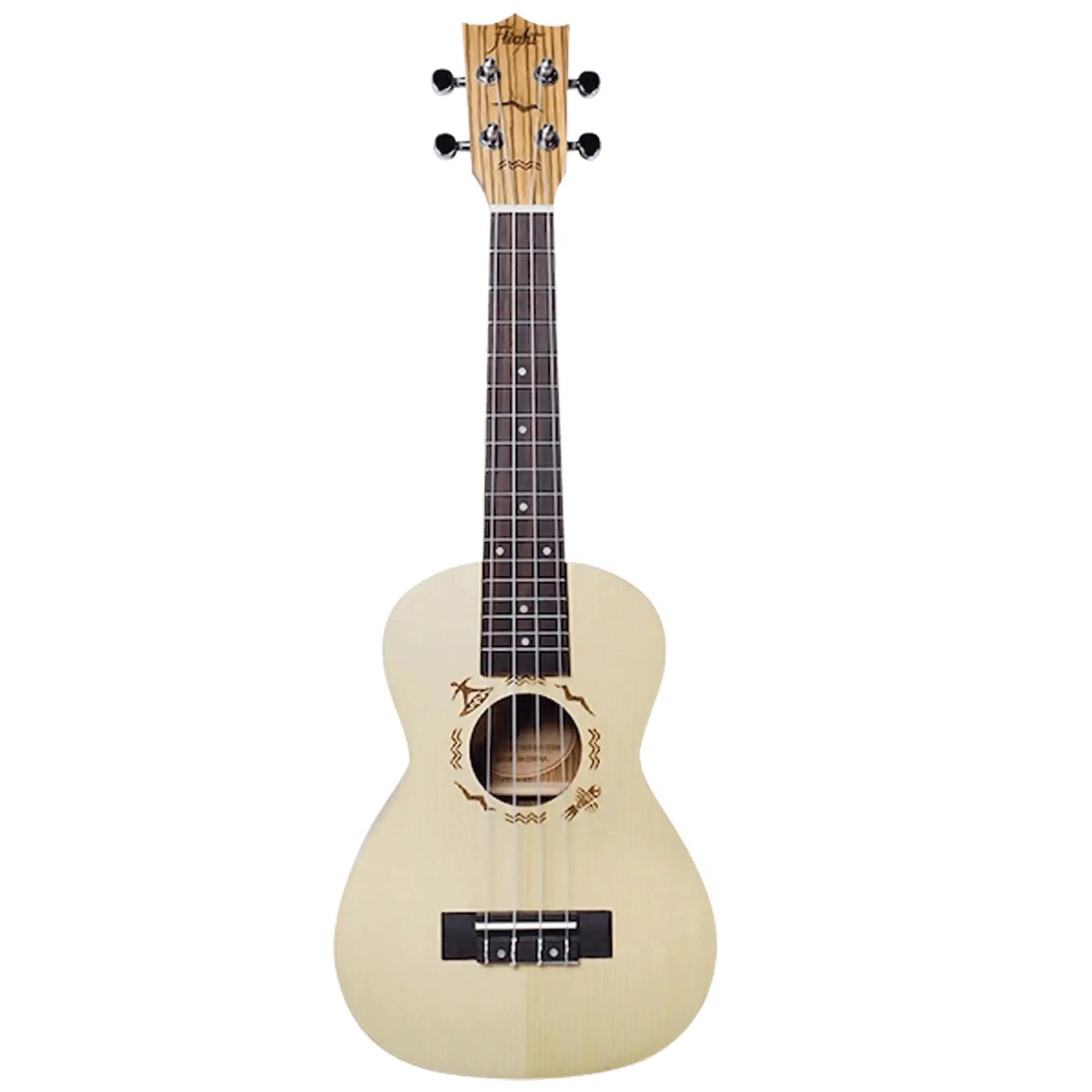Flight DUC325 SP/ZEB Concert Ukulele with light spruce top, zebrawood headstock, and soundhole rosette.