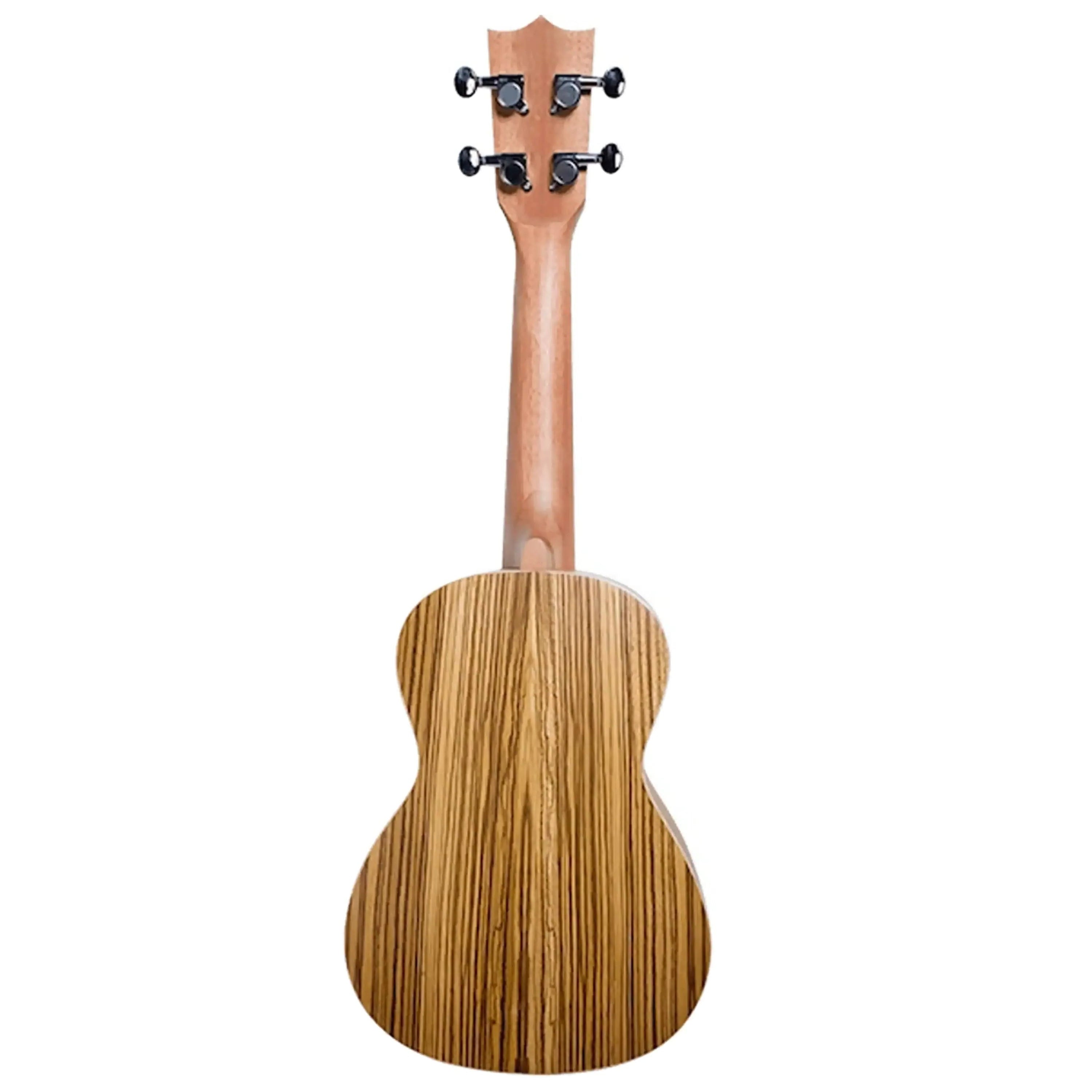 Flight DUC325 SP/ZEB Concert Ukulele, back view, showcasing zebrawood grain and light wood neck.
