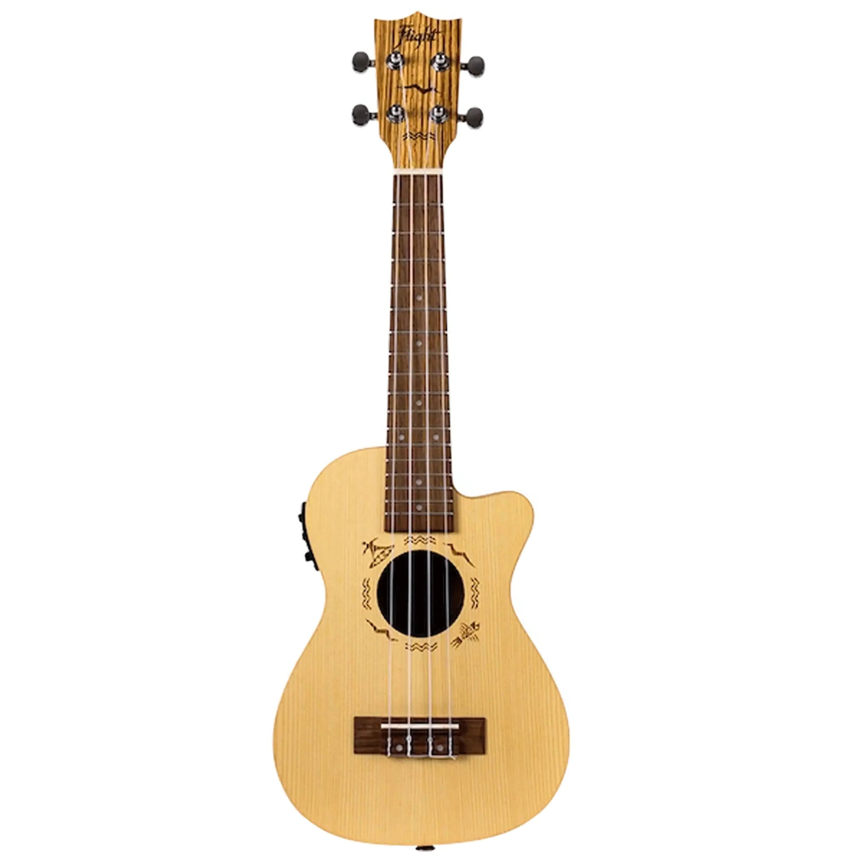 Flight DUC328 CEQ SP/ZEB electro-acoustic concert ukulele with light spruce top, zebrawood headstock, and soundhole design.