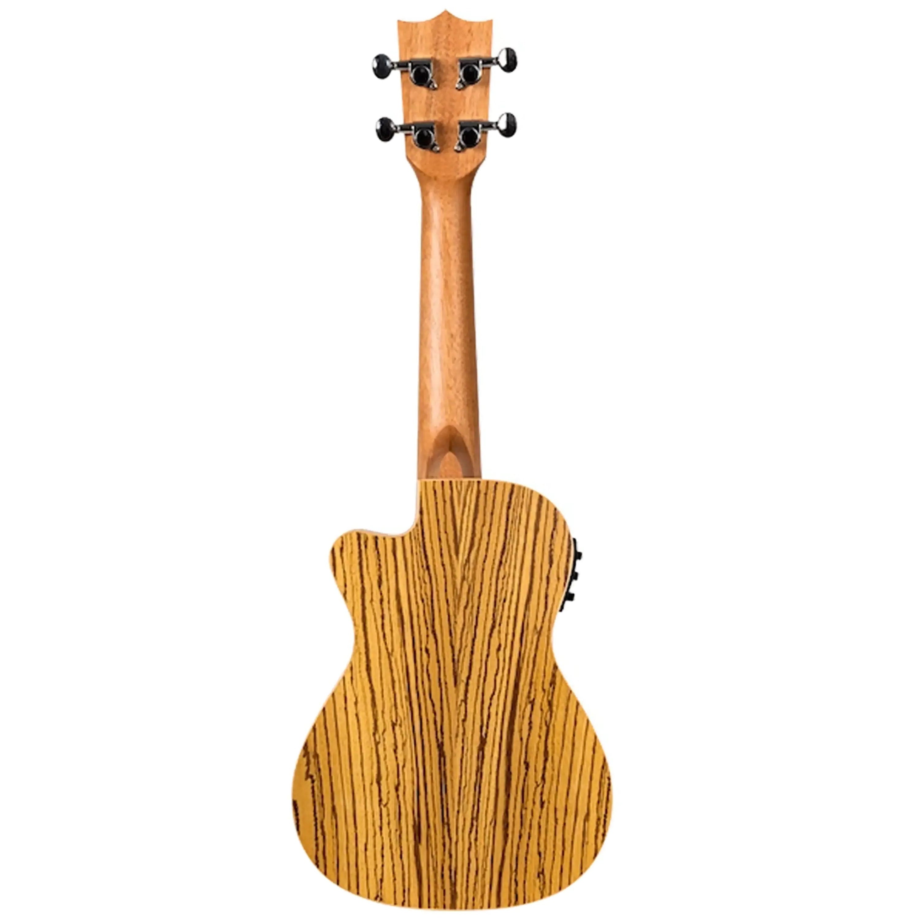 Back of Flight DUC328 CEQ SP/ZEB Concert Ukulele with zebrawood grain, light wood neck, and tuning pegs.