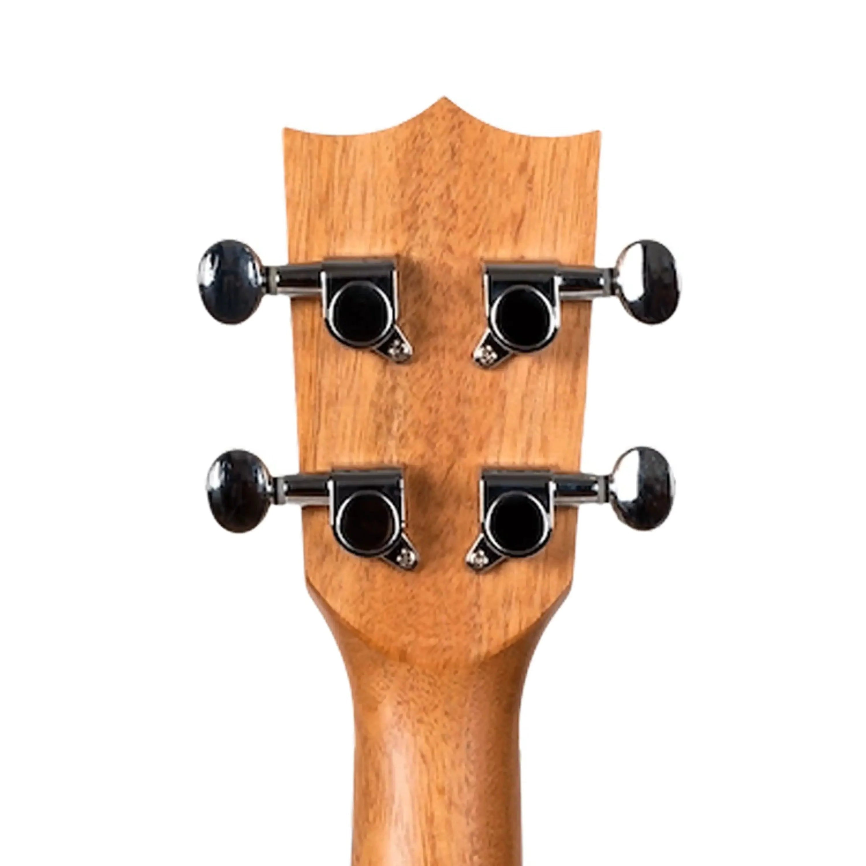 Back of Flight DUC328 CEQ SP/ZEB Concert Ukulele headstock with four chrome tuning machines.