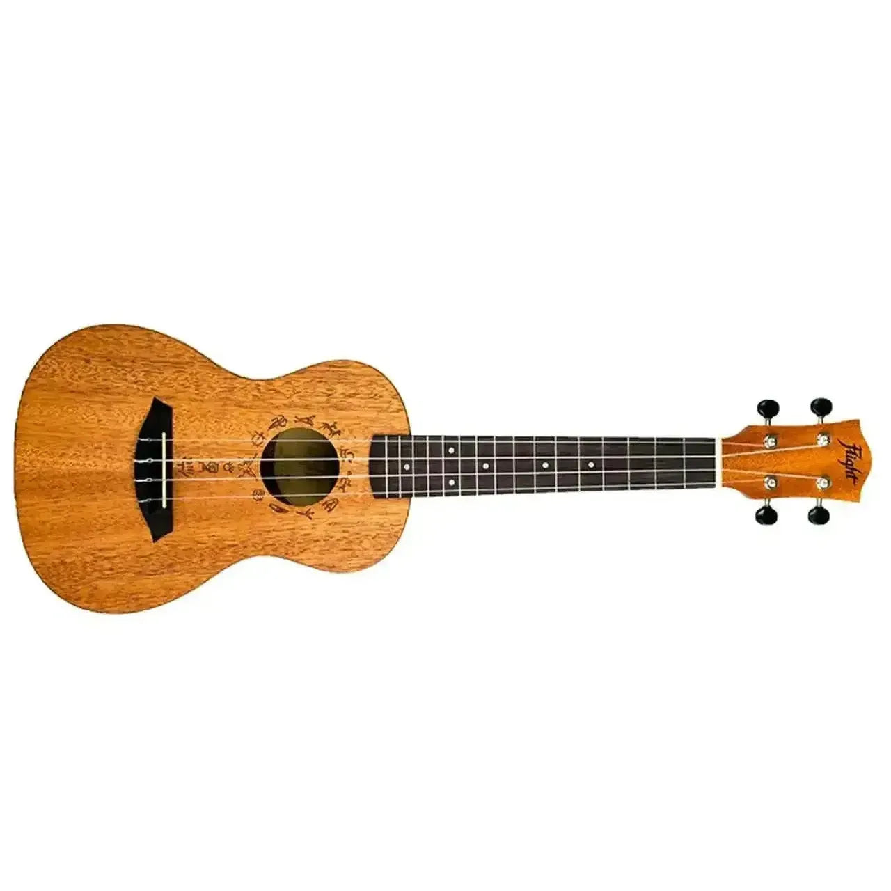 Flight DUC373 African Mahogany Concert Ukulele with unique soundhole rosette and black bridge.