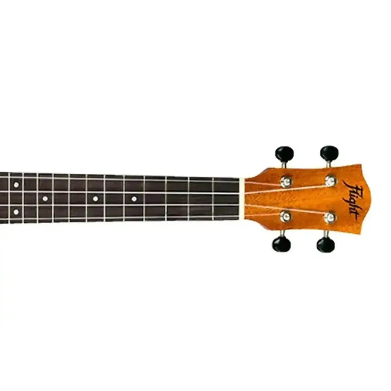 Flight DUC373 African Mahogany Concert Ukulele neck and headstock with black tuners and fretboard.