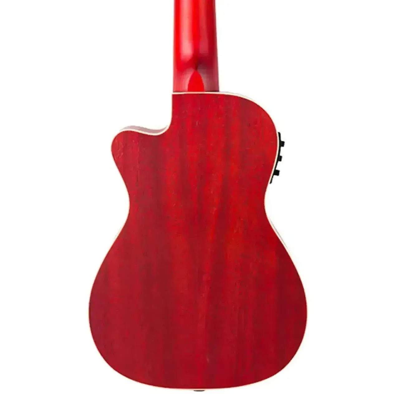 Back of a Flight DUC380 CEQ Coral Concert Ukulele, showing its vibrant red mahogany body and neck.