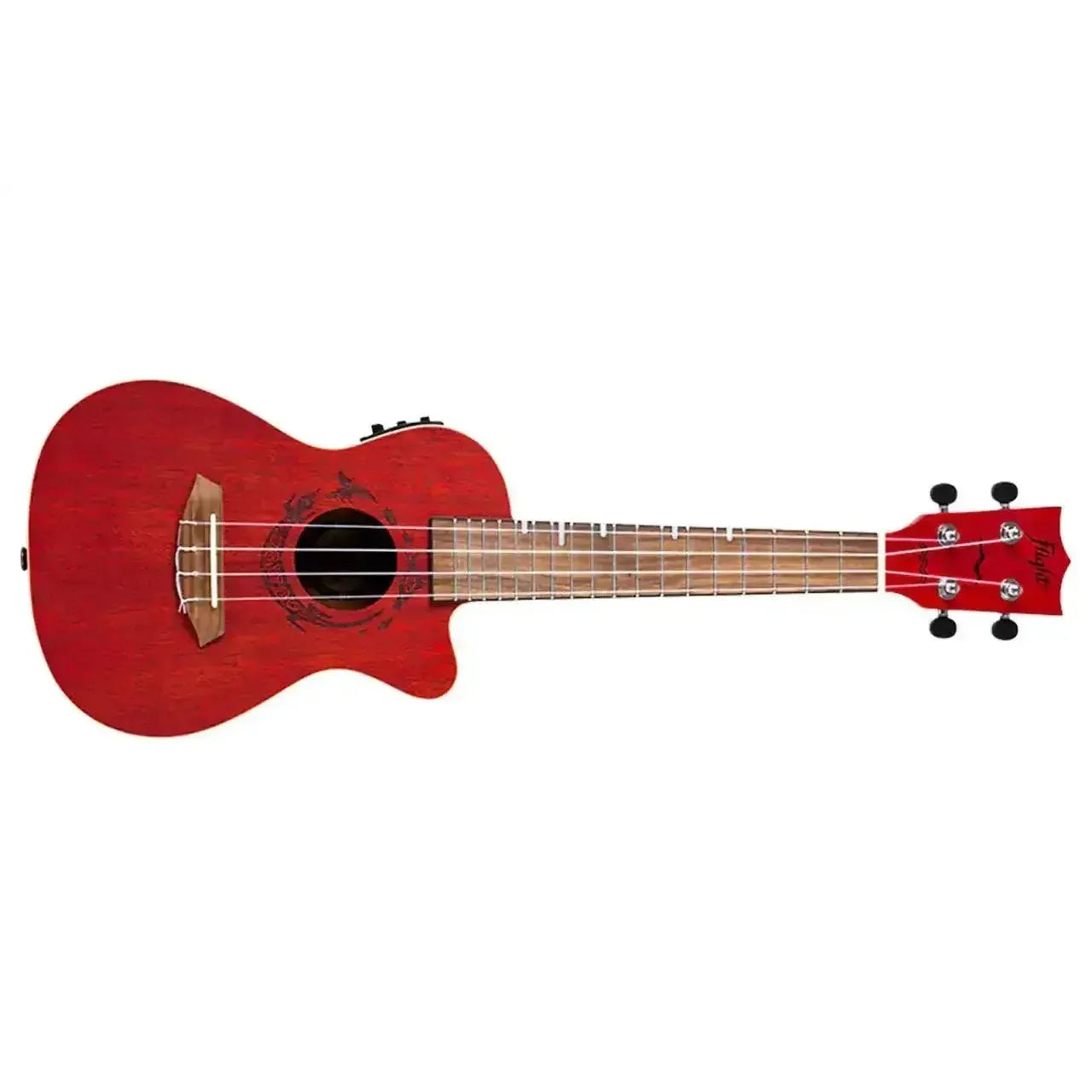 Flight DUC380 CEQ Coral Concert Ukulele with red laminate body, cutaway, and dark soundhole rosette.