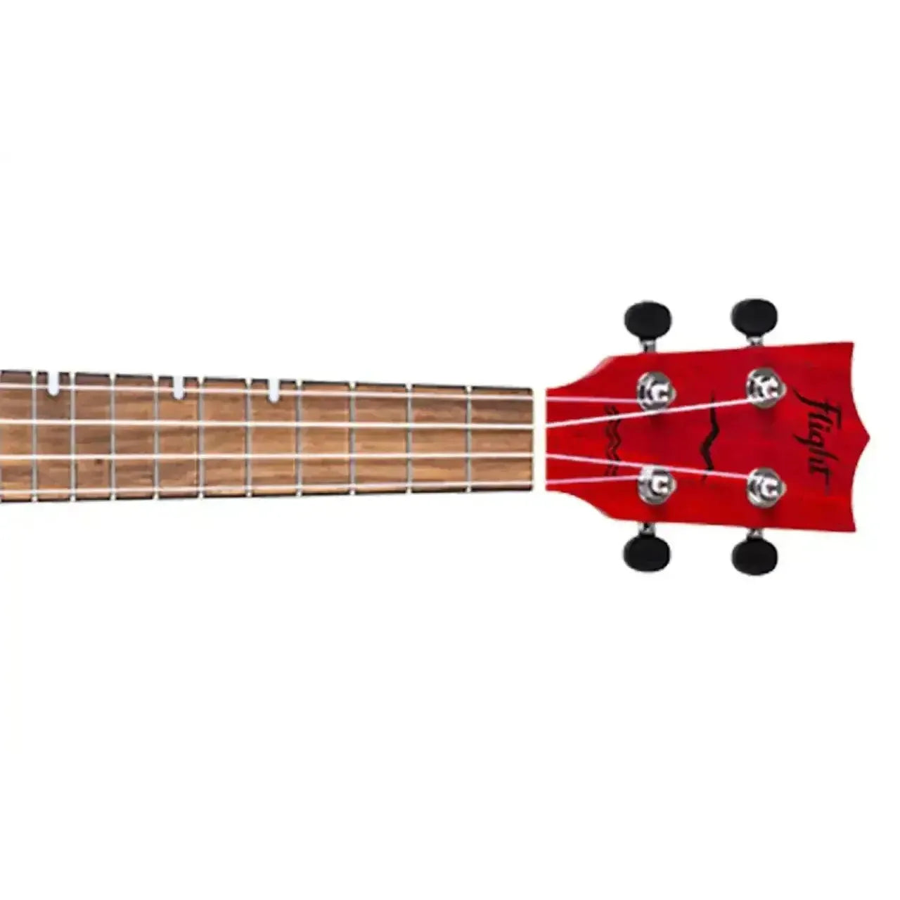 Flight DUC380 CEQ Coral Concert Ukulele headstock and fretboard, showing red finish and black tuners.