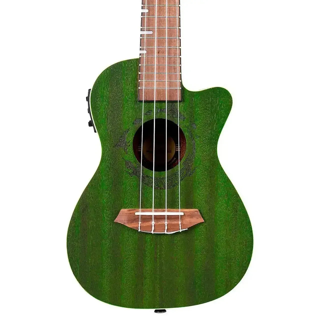 Flight DUC380 CEQ Jade Concert Ukulele, close-up of the green mahogany body with laser-engraved rosette.