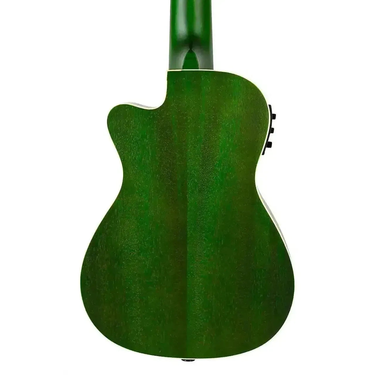 Back of a Flight DUC380 CEQ Jade Concert Ukulele, showing its striking green finish and cutaway.