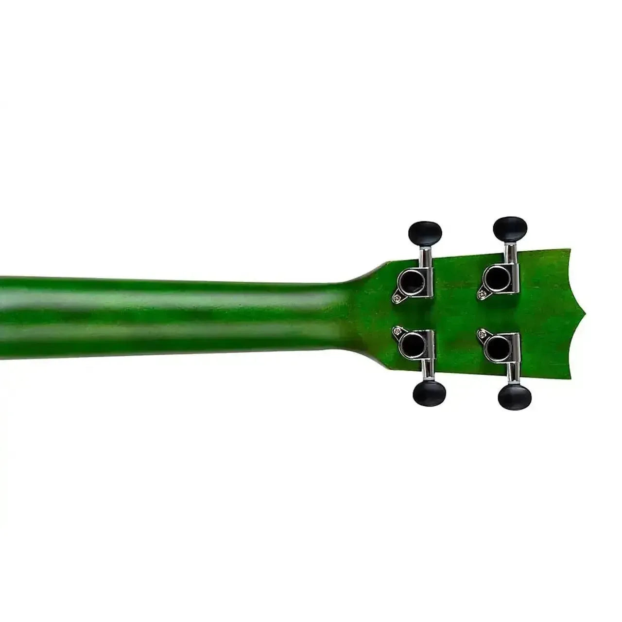 Back of Flight DUC380 CEQ Jade Concert Ukulele neck and headstock, showing green finish and tuning pegs.