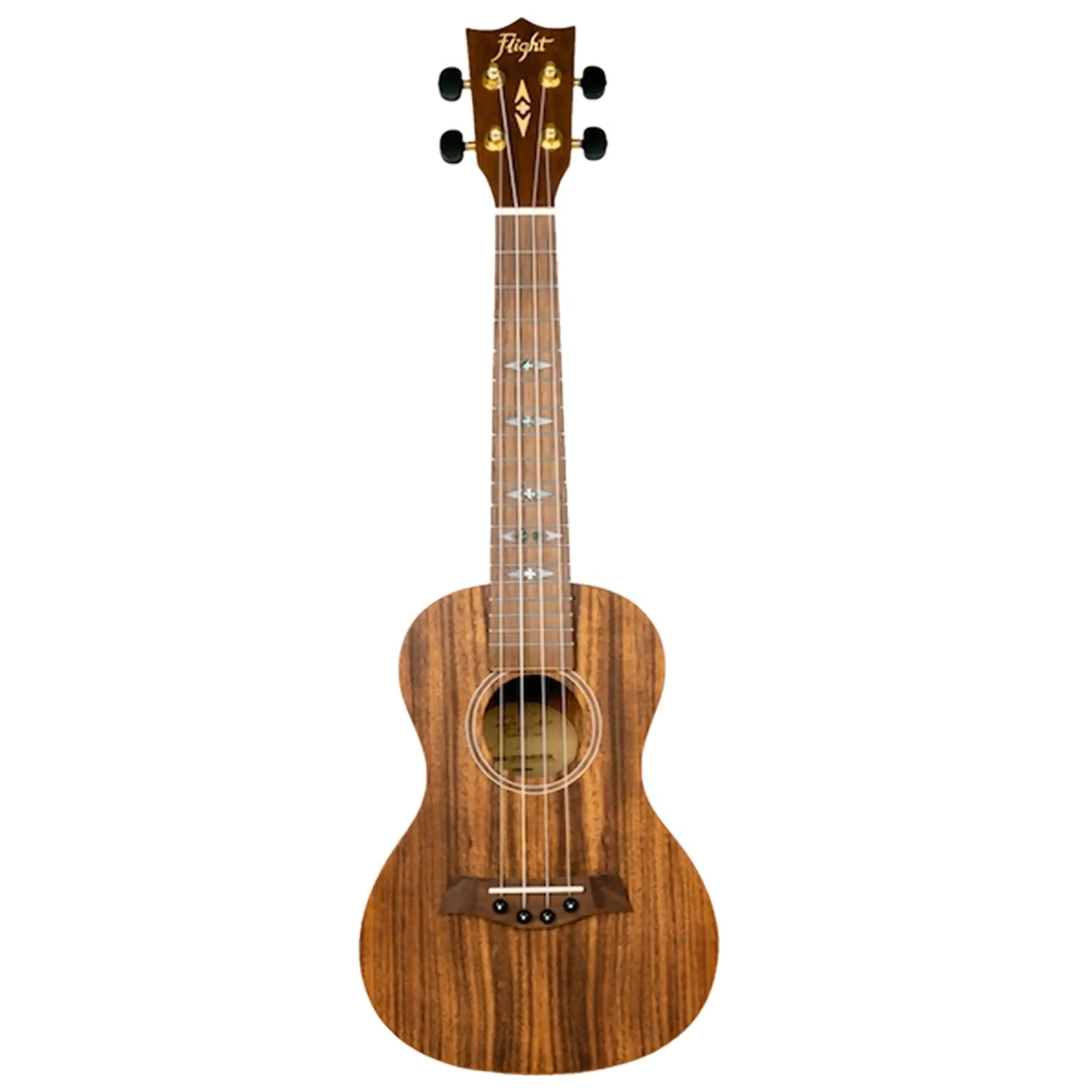 Flight DUC440 Acacia Concert Ukulele, natural satin finish, with dark wood grain and decorative fretboard inlays.